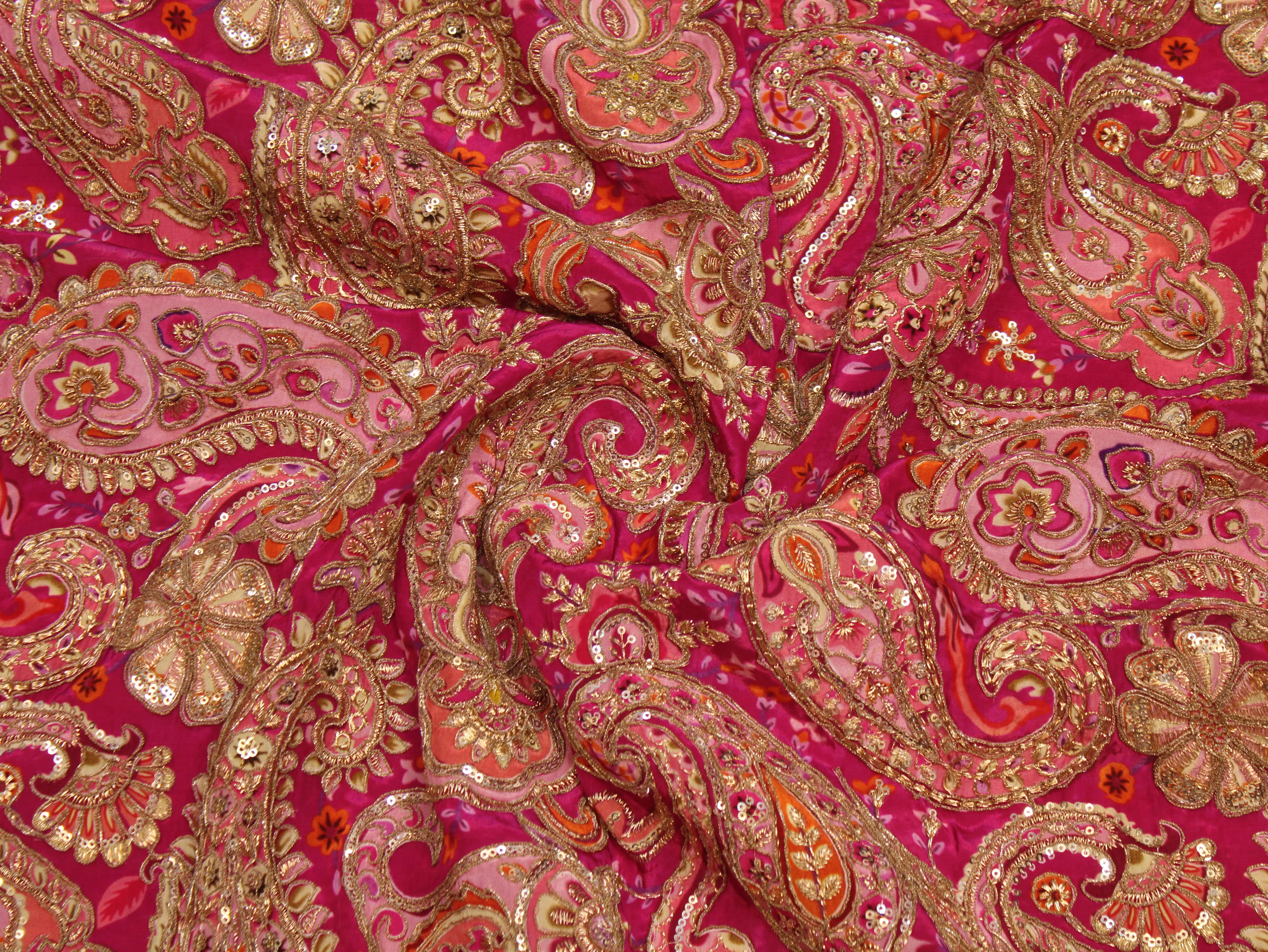 Natural Crepe Fabric — Position & Cording Work | Large Paisley Design | Multicolour | 44 Inch