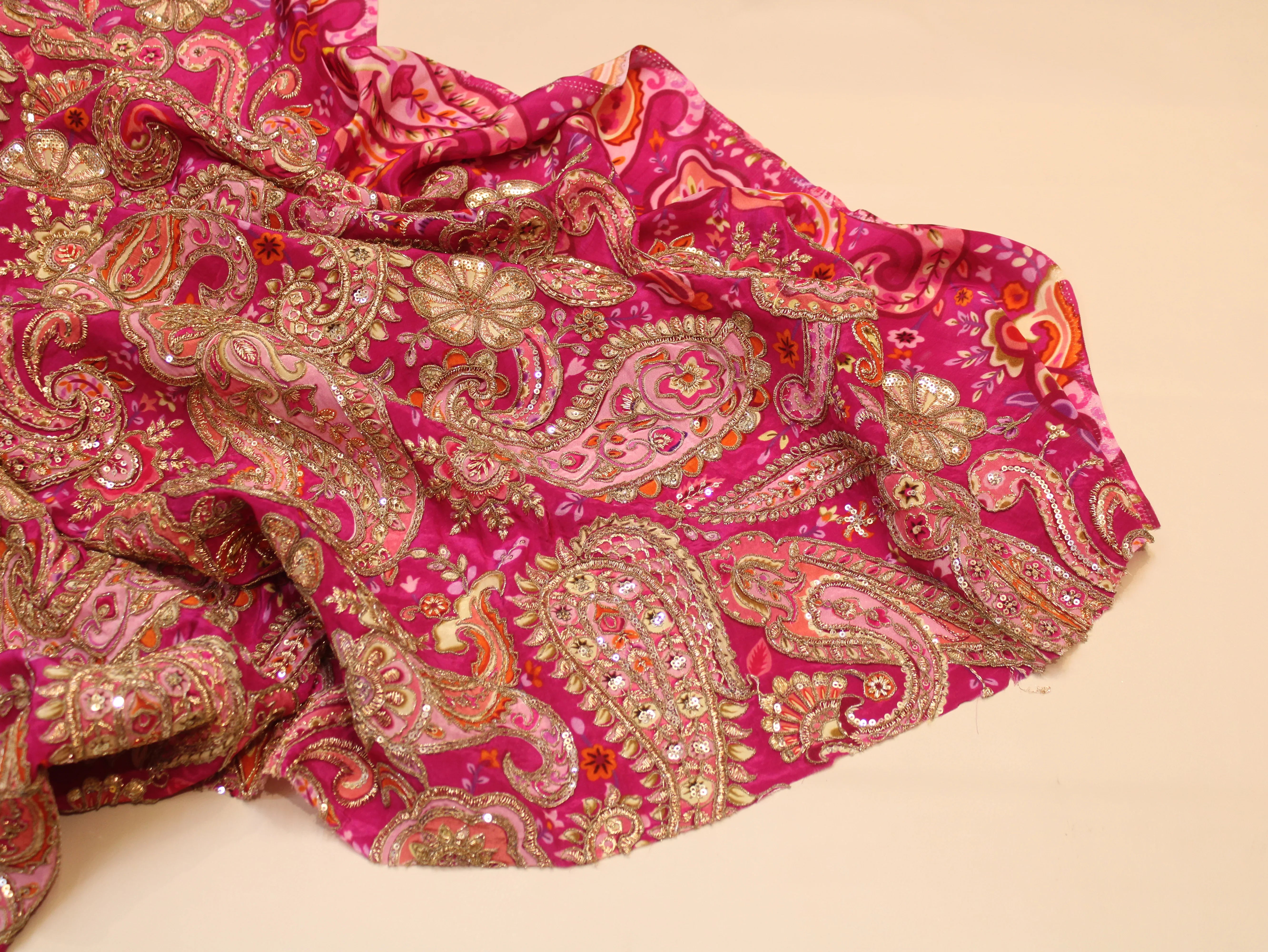 Natural Crepe Fabric — Position & Cording Work | Large Paisley Design | Multicolour | 44 Inch