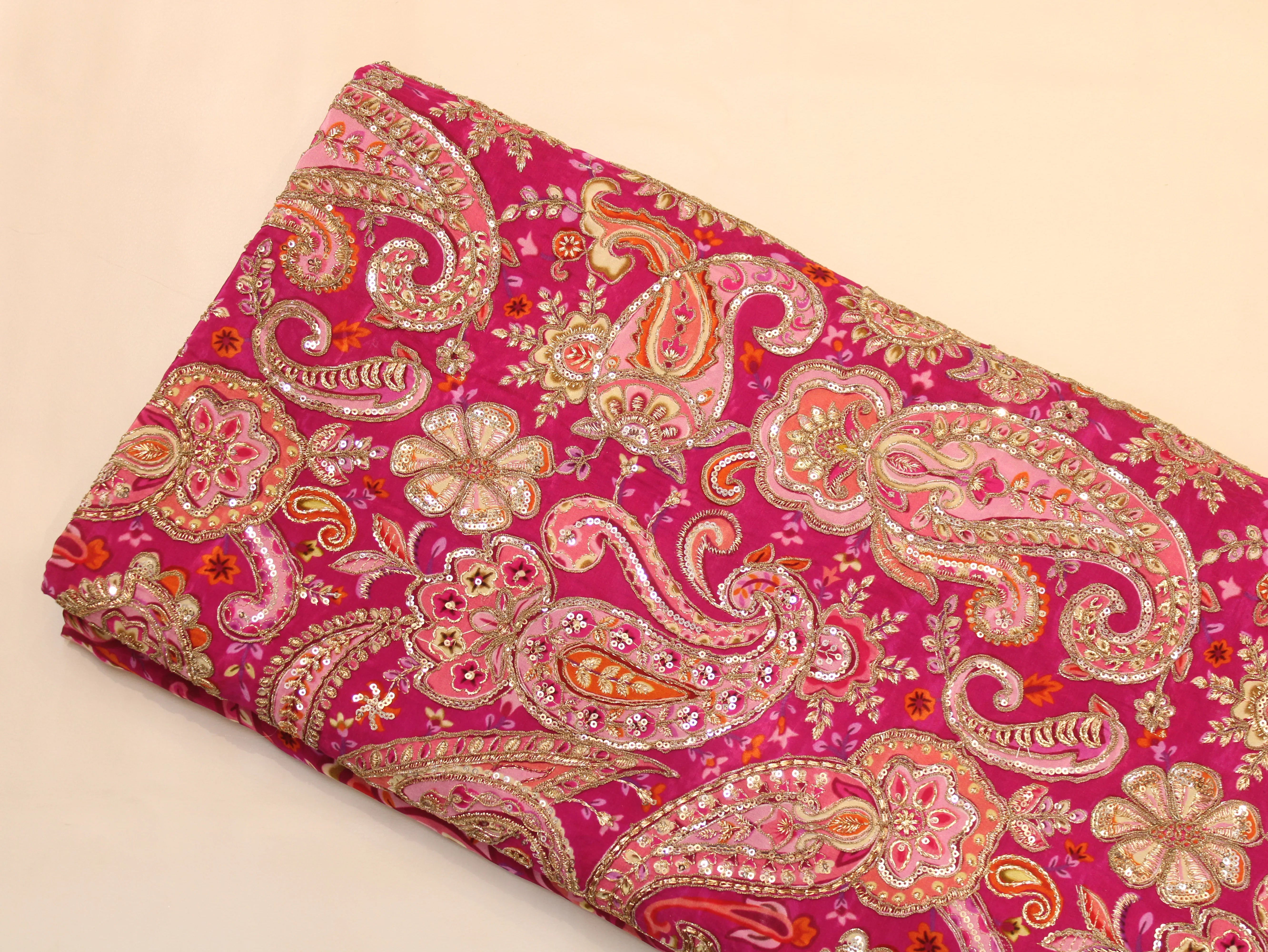 Natural Crepe Fabric — Position & Cording Work | Large Paisley Design | Multicolour | 44 Inch