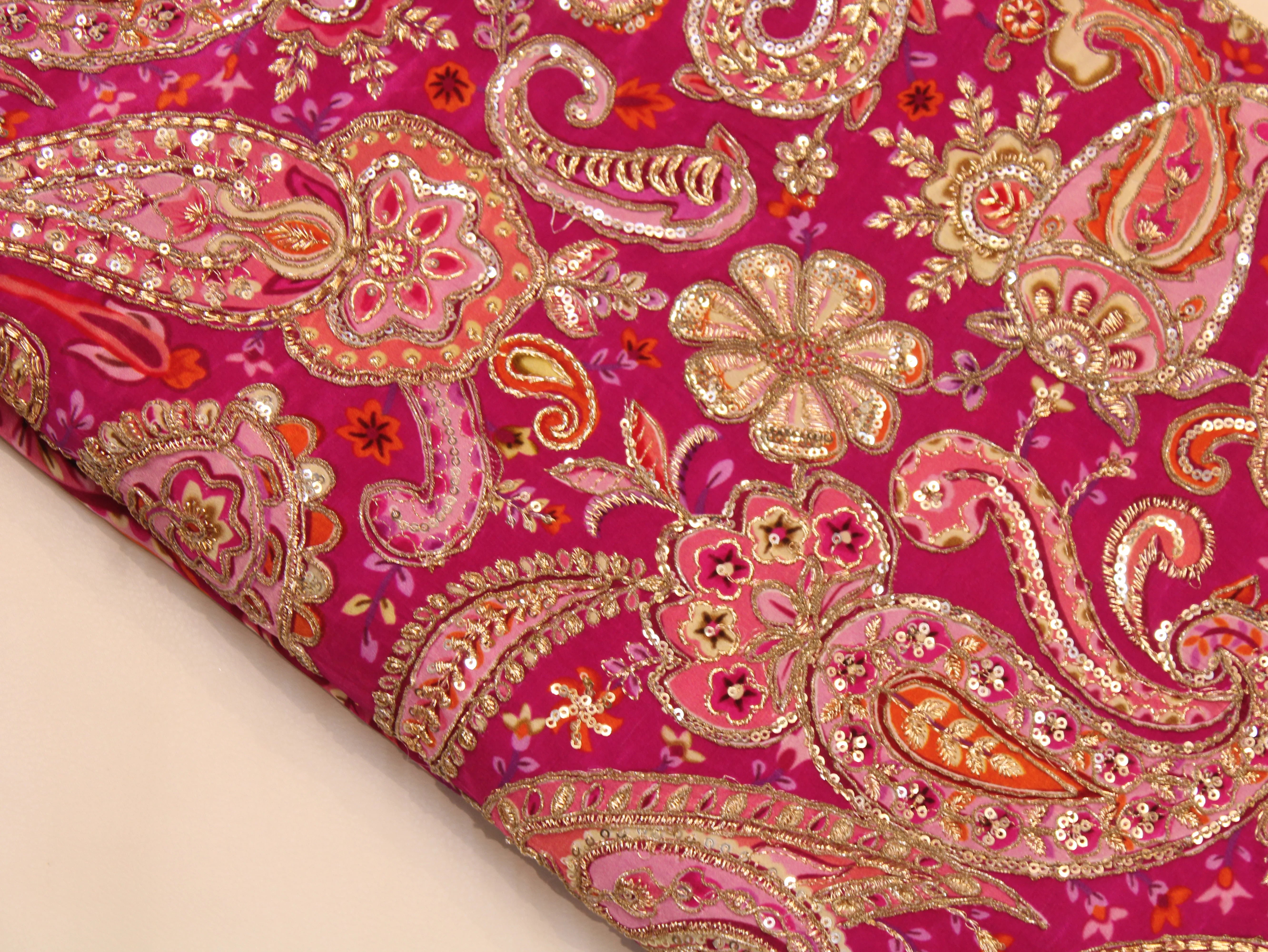 Natural Crepe Fabric — Position & Cording Work | Large Paisley Design | Multicolour | 44 Inch