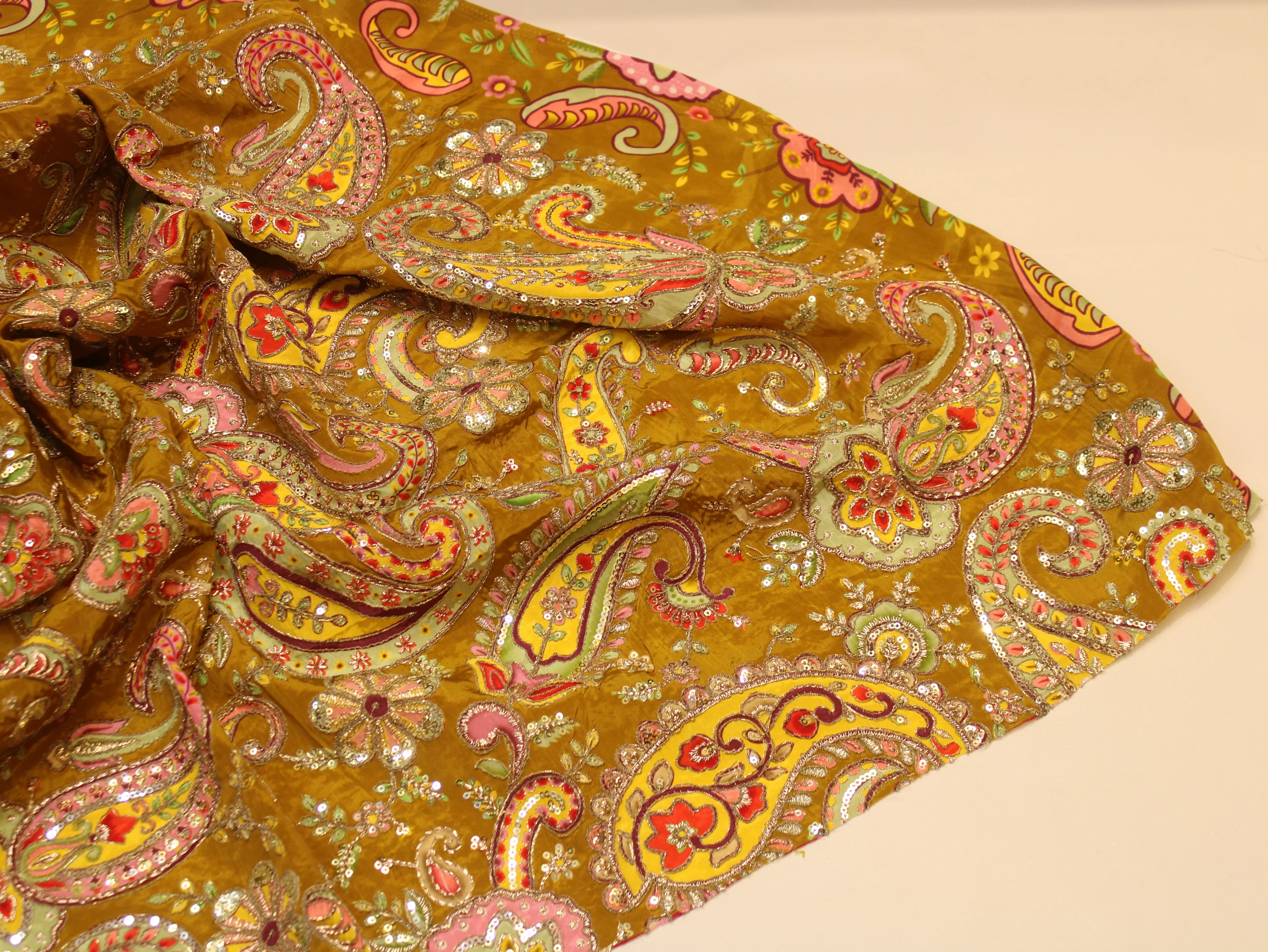 Natural Crepe Fabric — Position & Cording Work | Large Paisley Design | Multicolour | 44 Inch