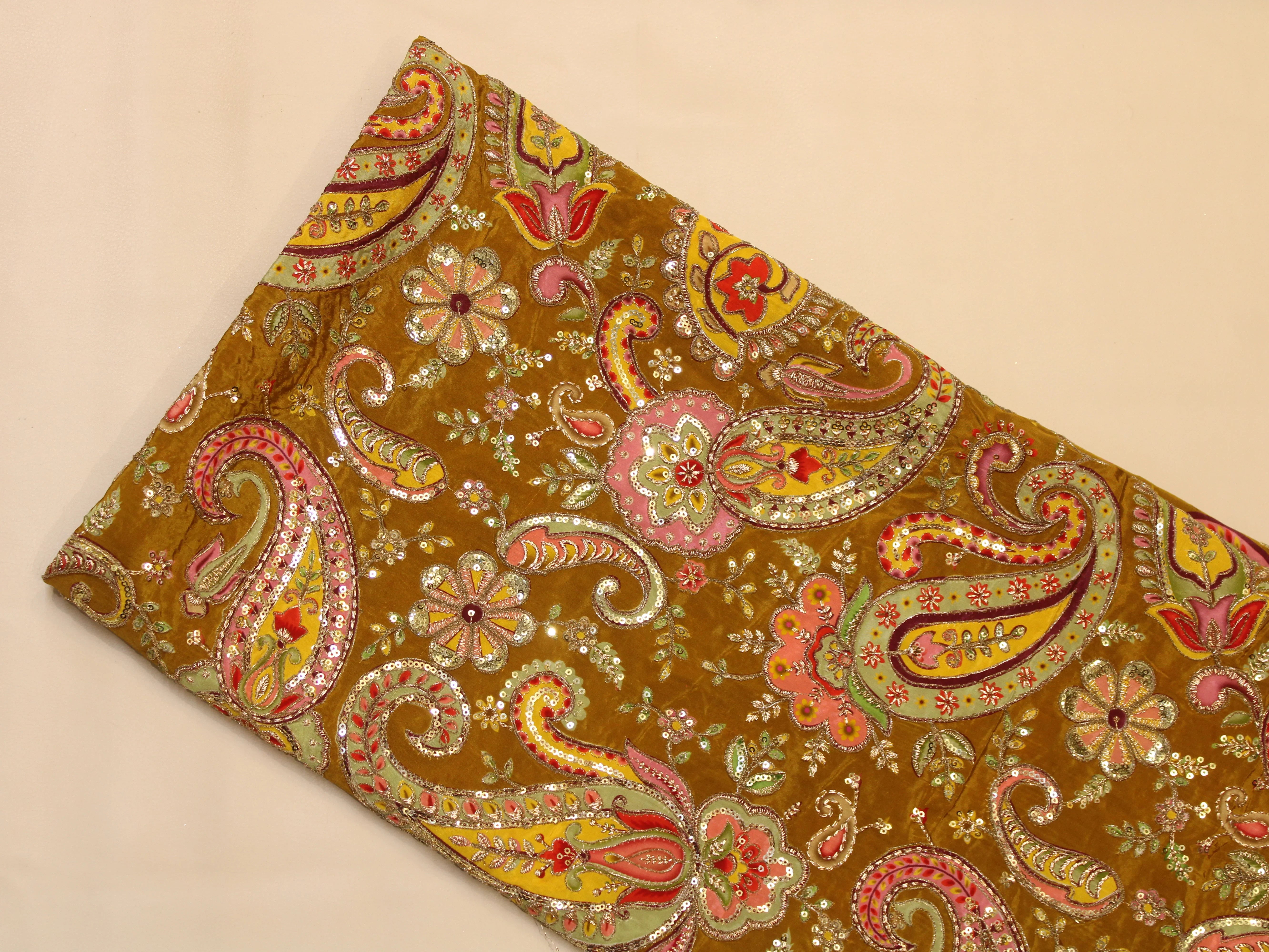 Natural Crepe Fabric — Position & Cording Work | Large Paisley Design | Multicolour | 44 Inch