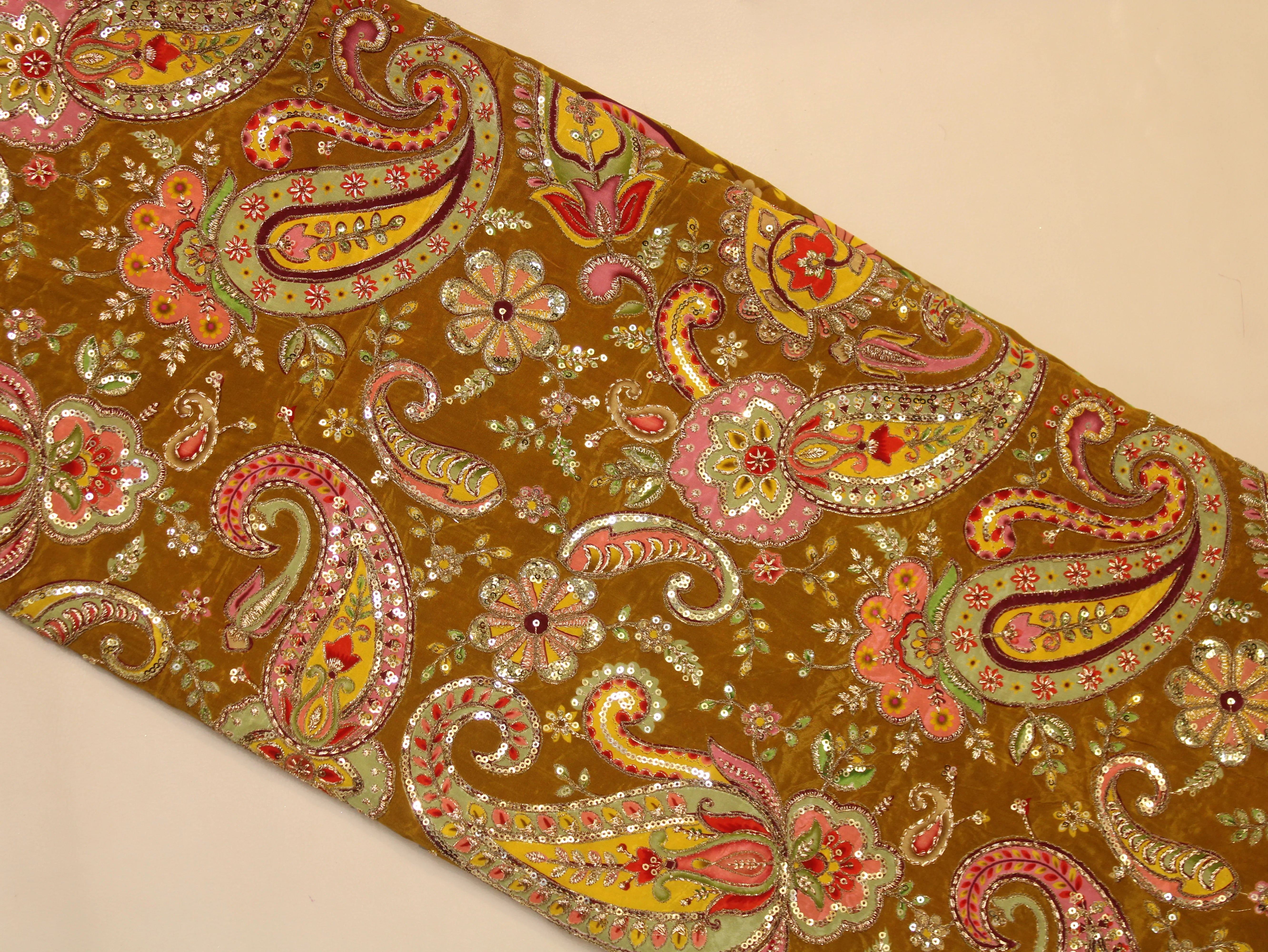 Natural Crepe Fabric — Position & Cording Work | Large Paisley Design | Multicolour | 44 Inch