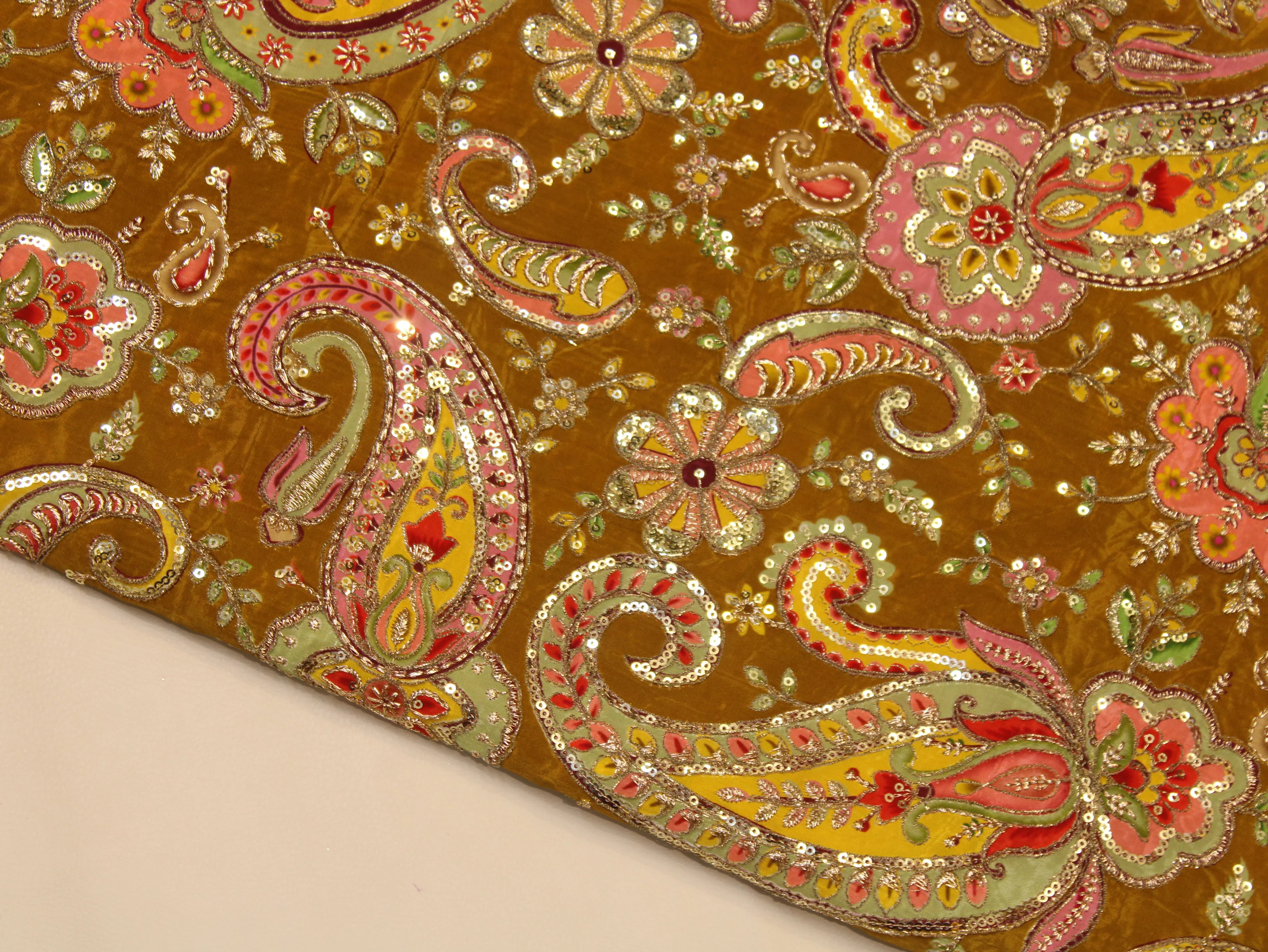 Natural Crepe Fabric — Position & Cording Work | Large Paisley Design | Multicolour | 44 Inch