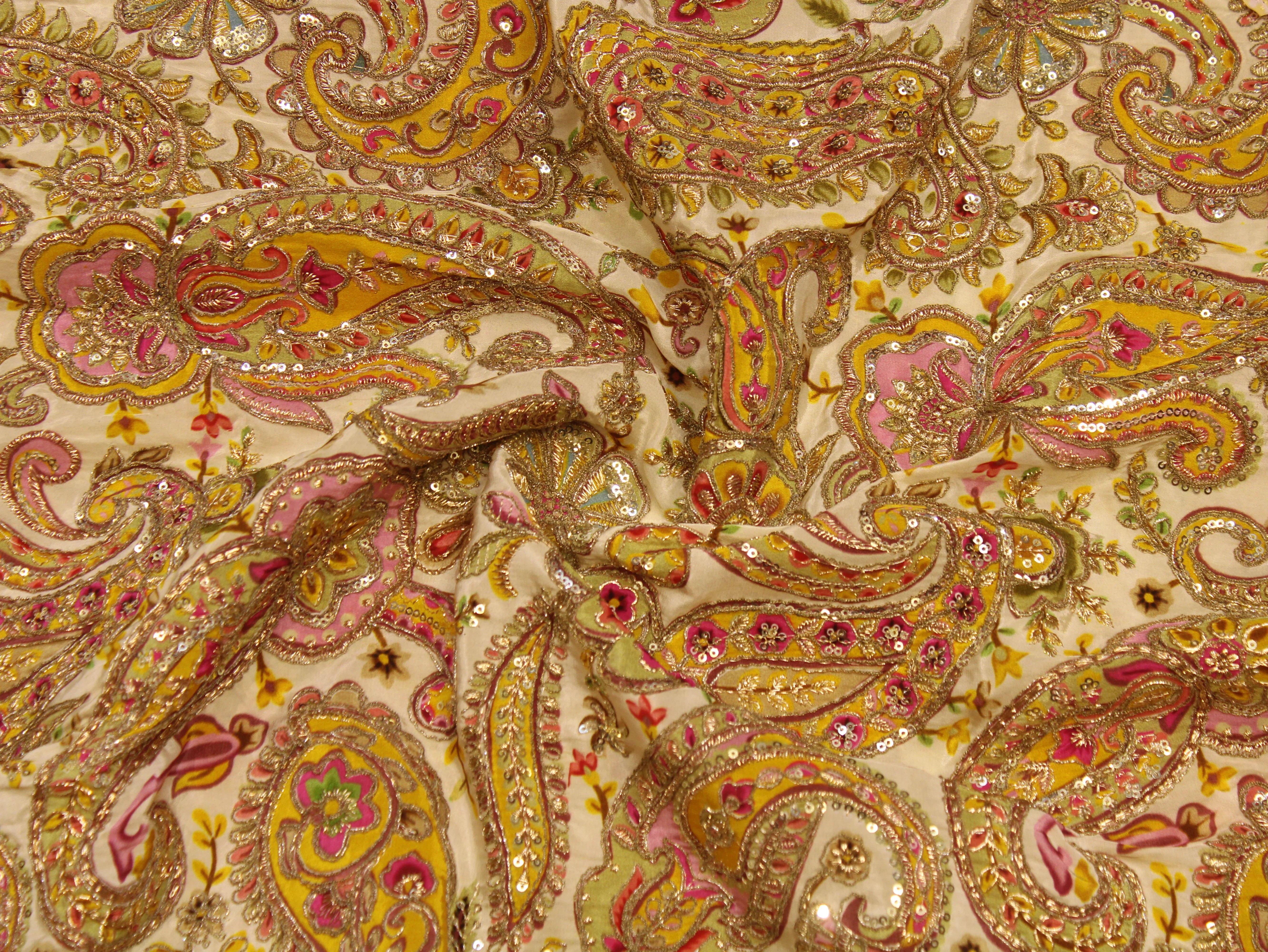 Natural Crepe Fabric — Position & Cording Work | Large Paisley Design | Multicolour | 44 Inch