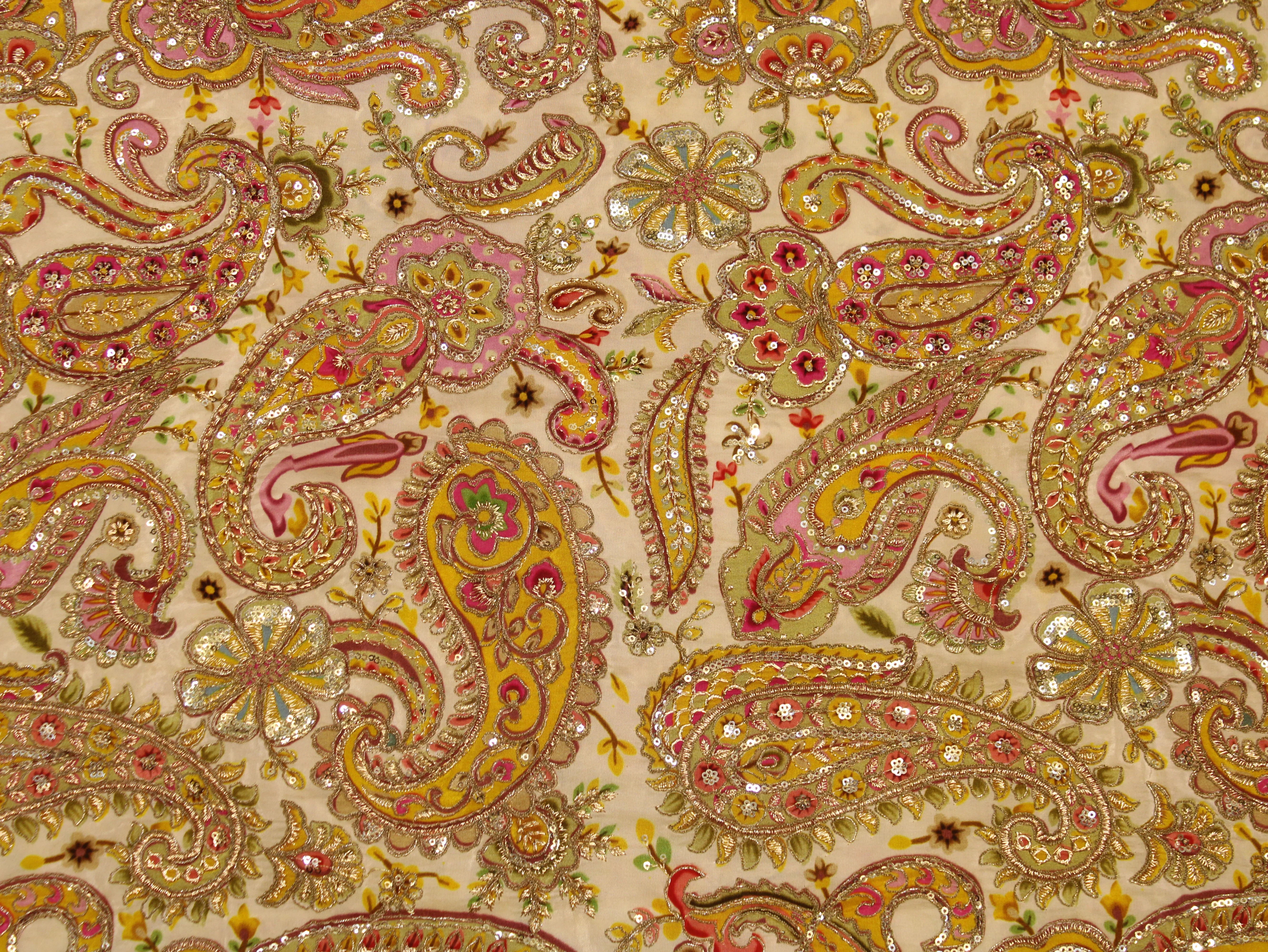Natural Crepe Fabric — Position & Cording Work | Large Paisley Design | Multicolour | 44 Inch