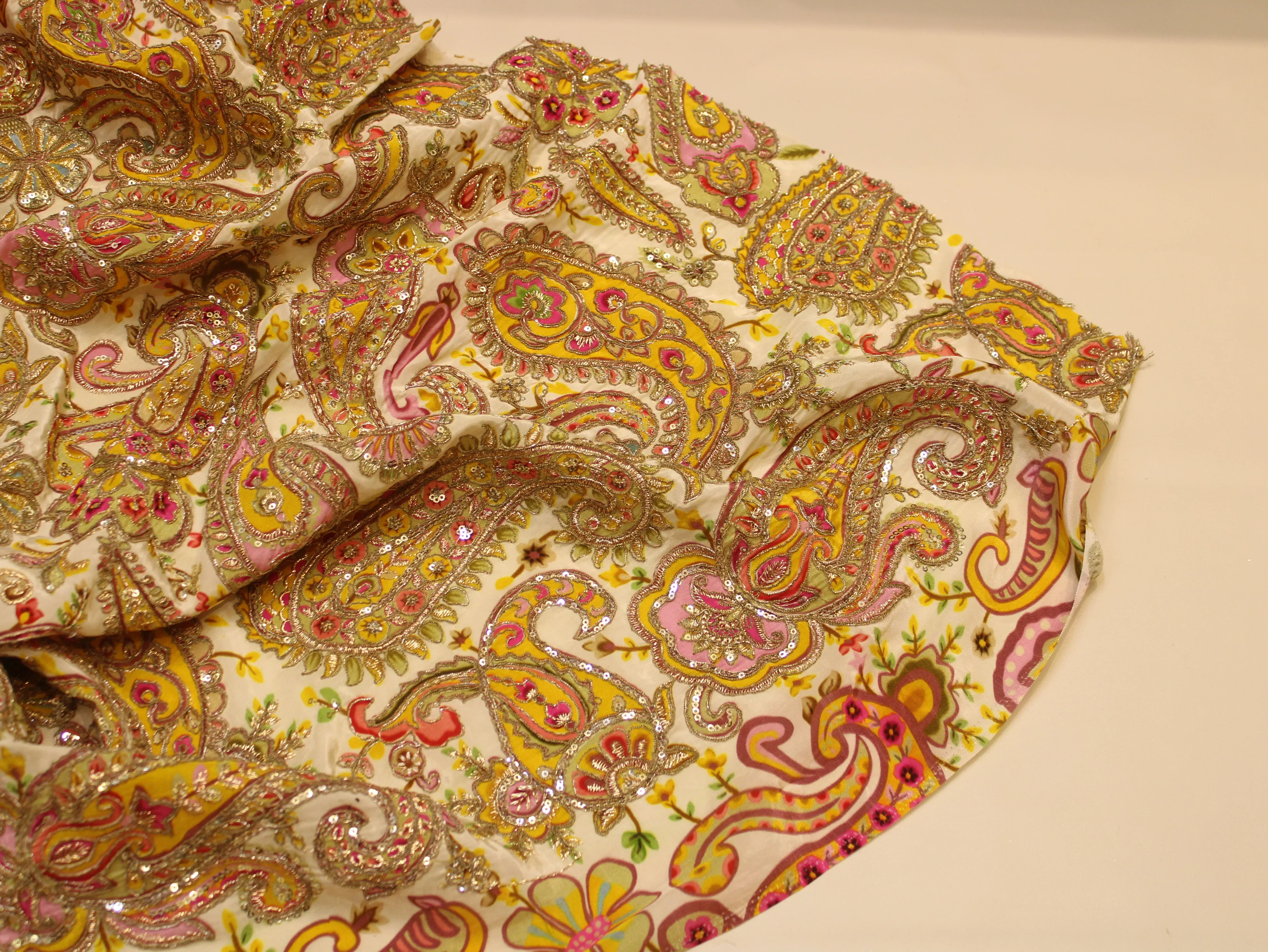 Natural Crepe Fabric — Position & Cording Work | Large Paisley Design | Multicolour | 44 Inch