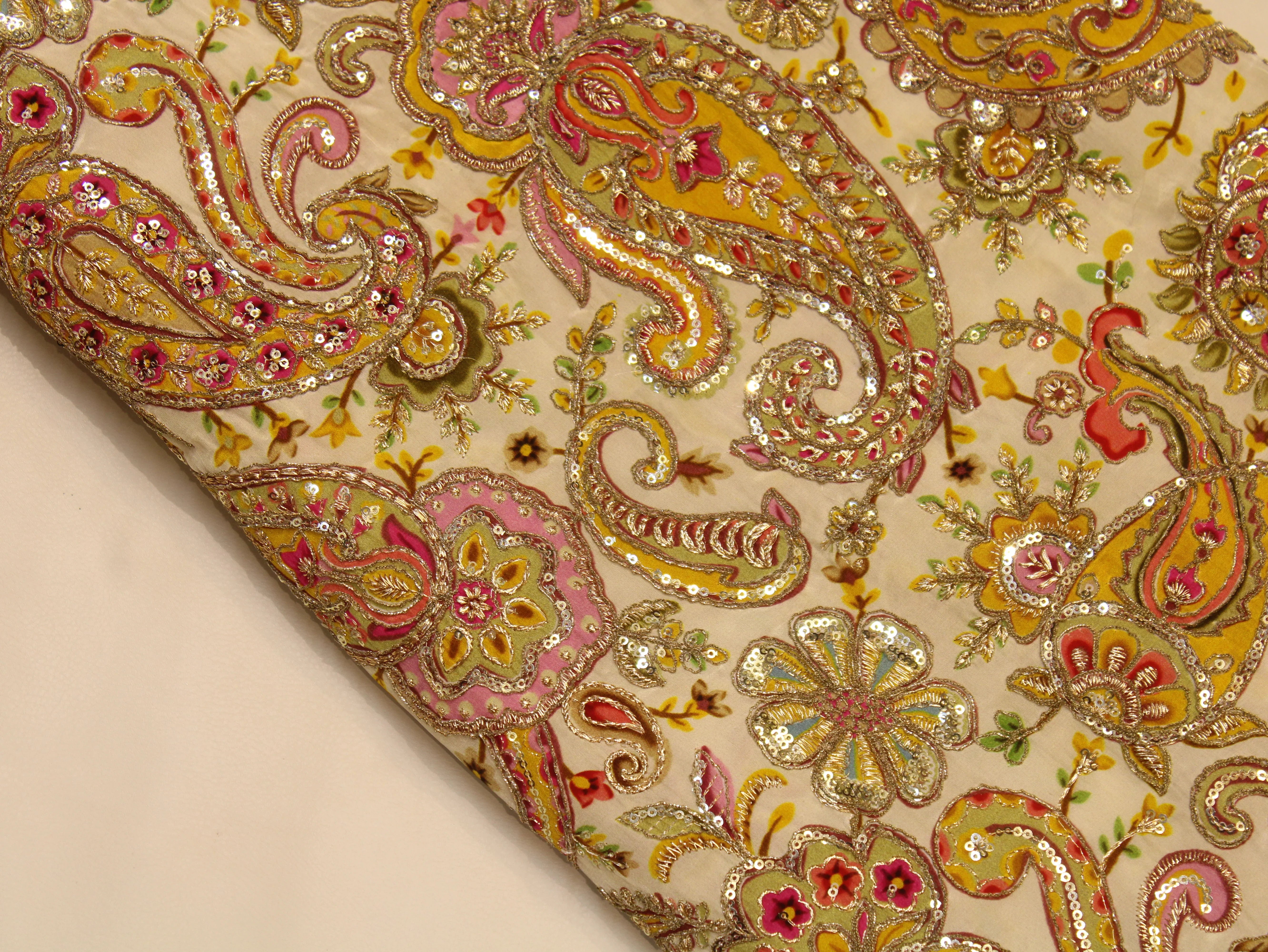 Natural Crepe Fabric — Position & Cording Work | Large Paisley Design | Multicolour | 44 Inch