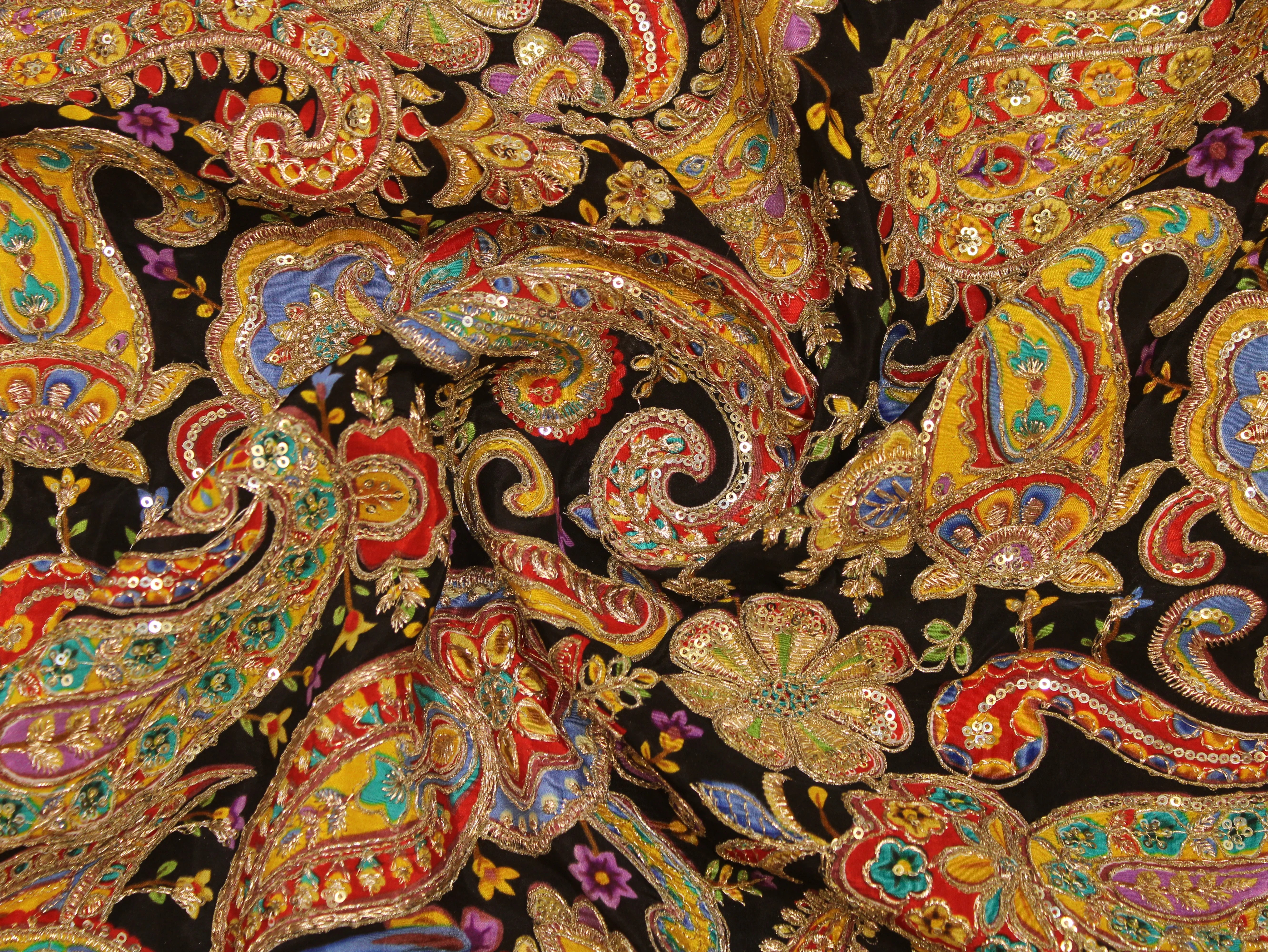 Natural Crepe Fabric — Position & Cording Work | Large Paisley Design | Multicolour | 44 Inch