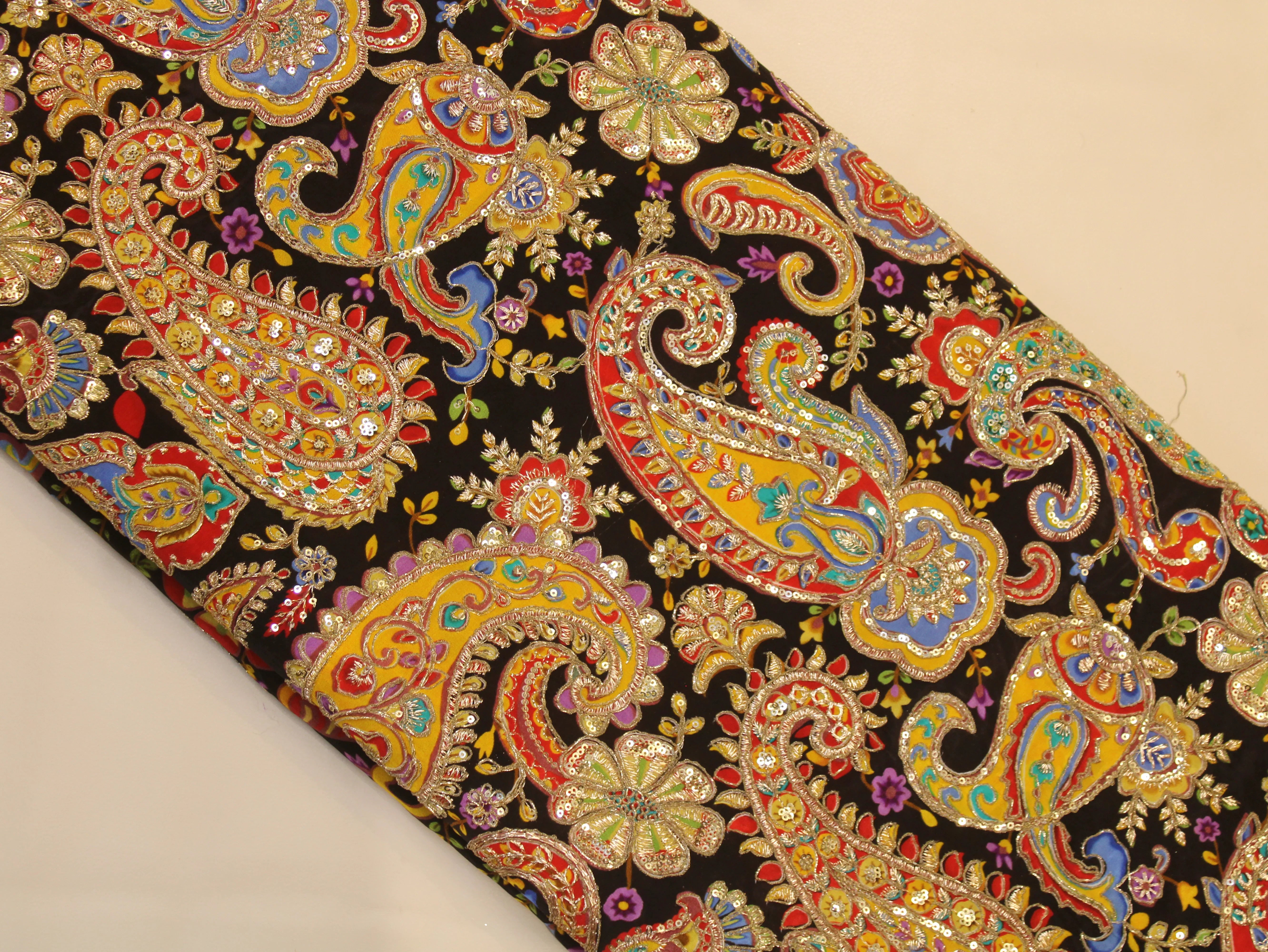 Natural Crepe Fabric — Position & Cording Work | Large Paisley Design | Multicolour | 44 Inch