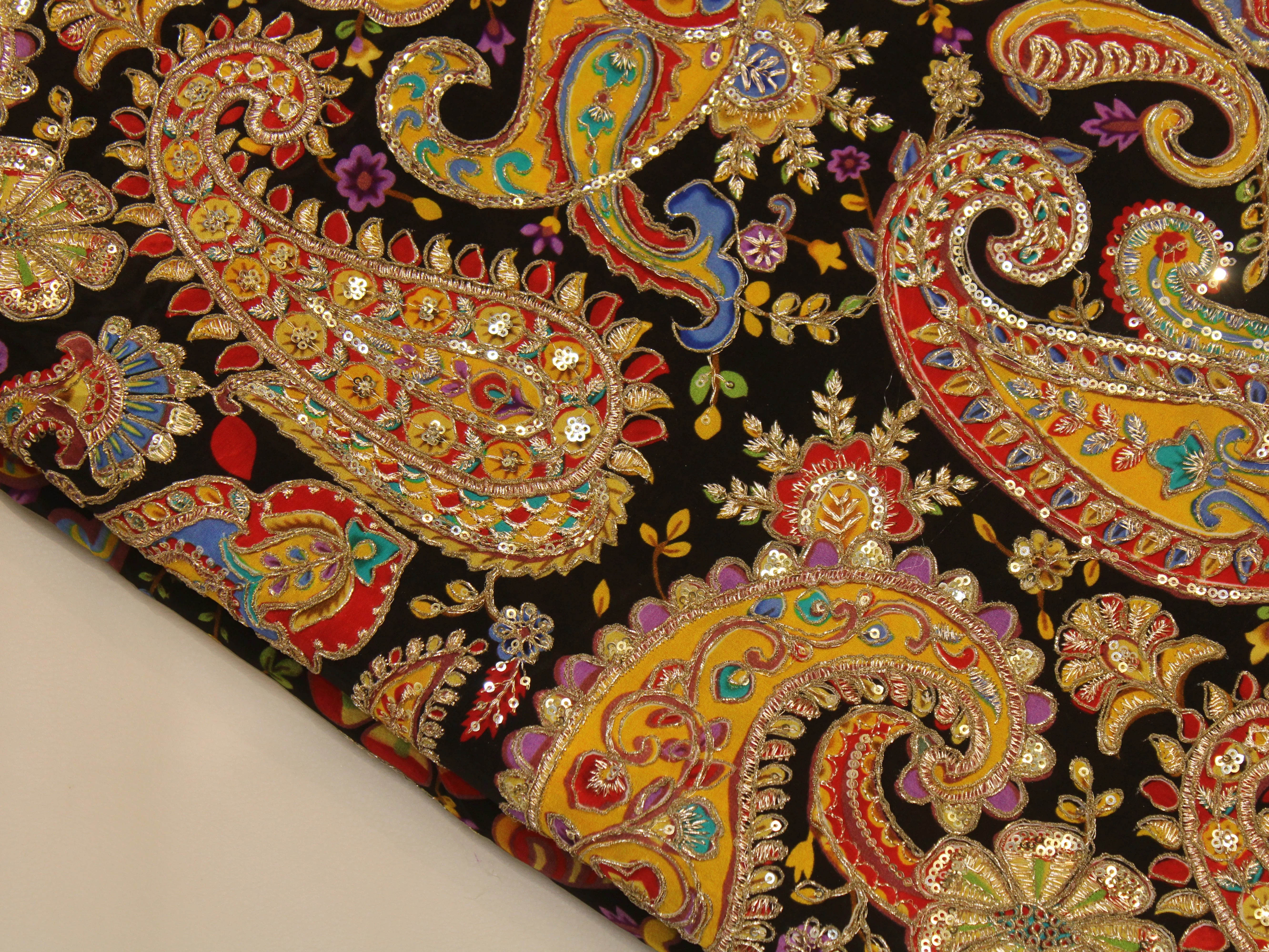 Natural Crepe Fabric — Position & Cording Work | Large Paisley Design | Multicolour | 44 Inch
