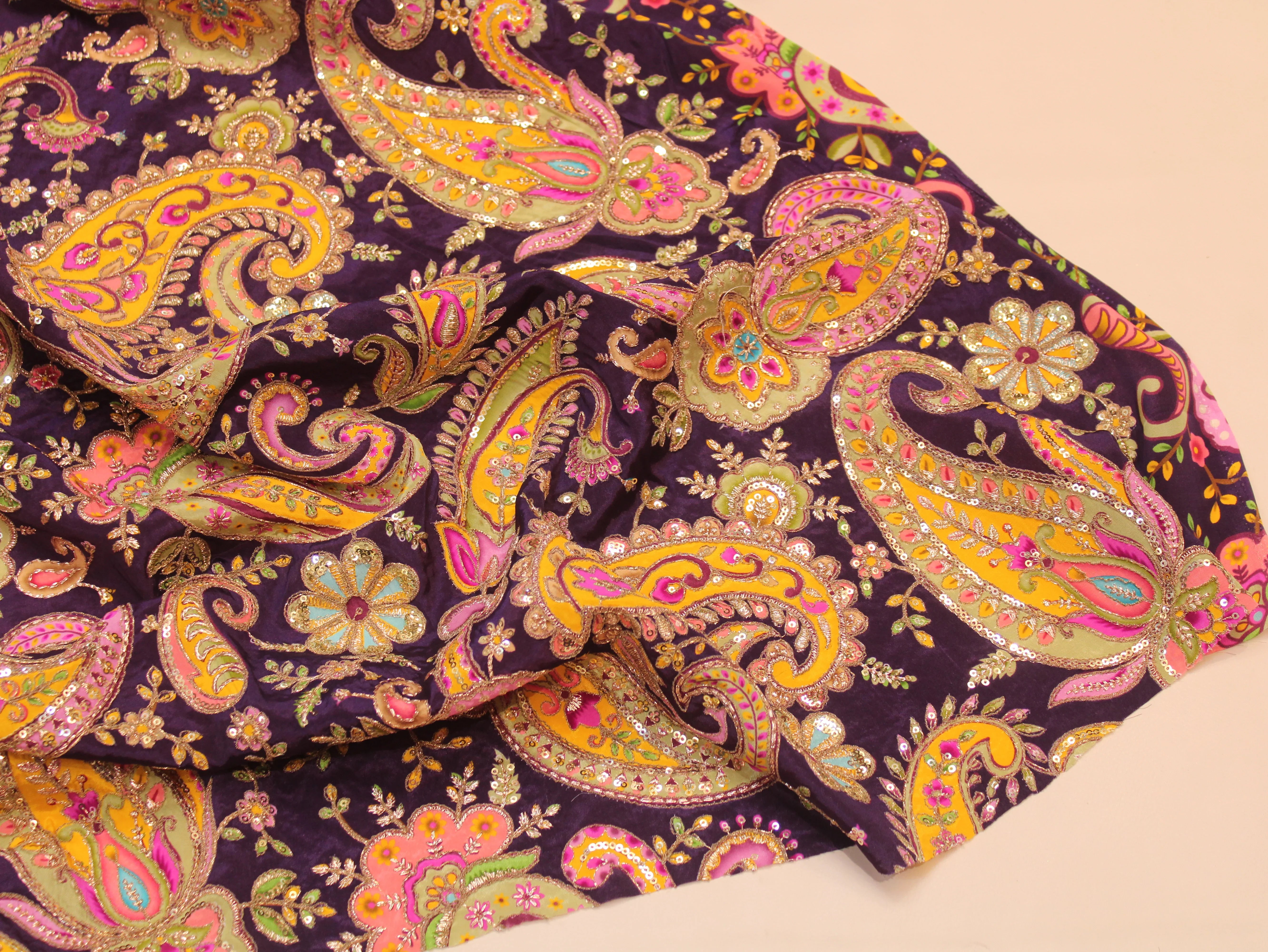 Natural Crepe Fabric — Position & Cording Work | Large Paisley Design | Multicolour | 44 Inch