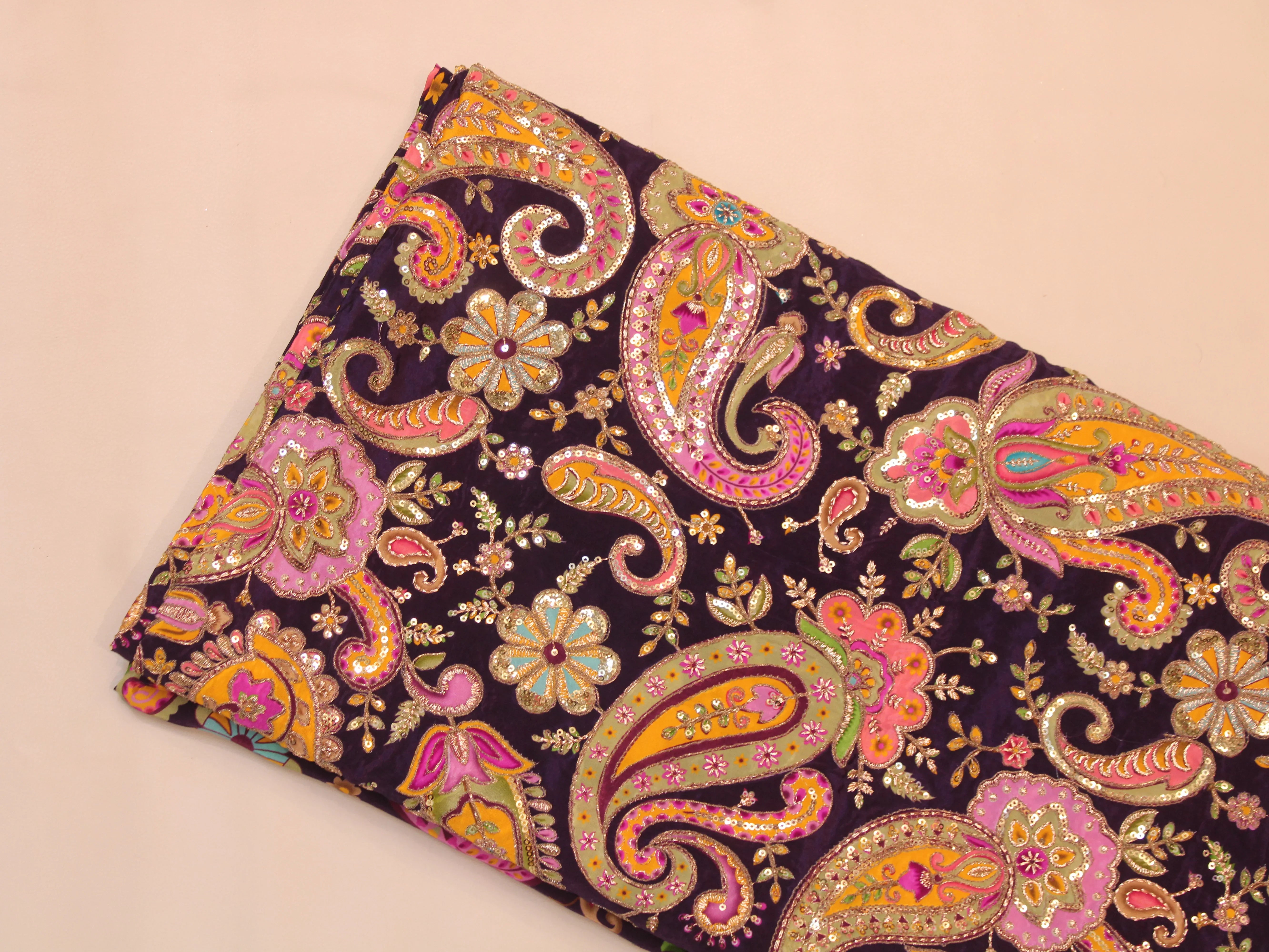 Natural Crepe Fabric — Position & Cording Work | Large Paisley Design | Multicolour | 44 Inch