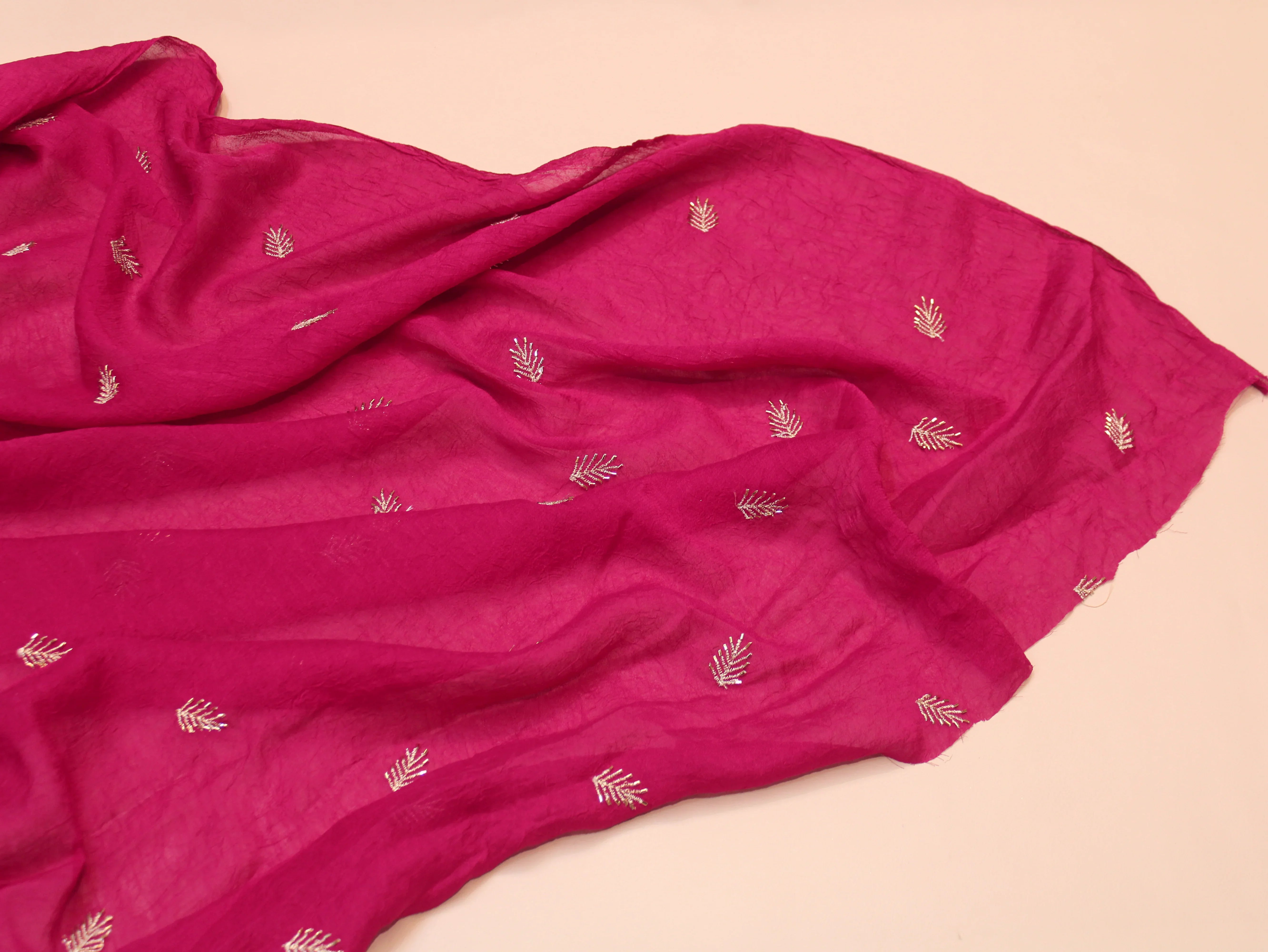 Chinon Silk Fabric — Rani | Gold Zari Feather Butti with Semi Beads | 44 Inch Width