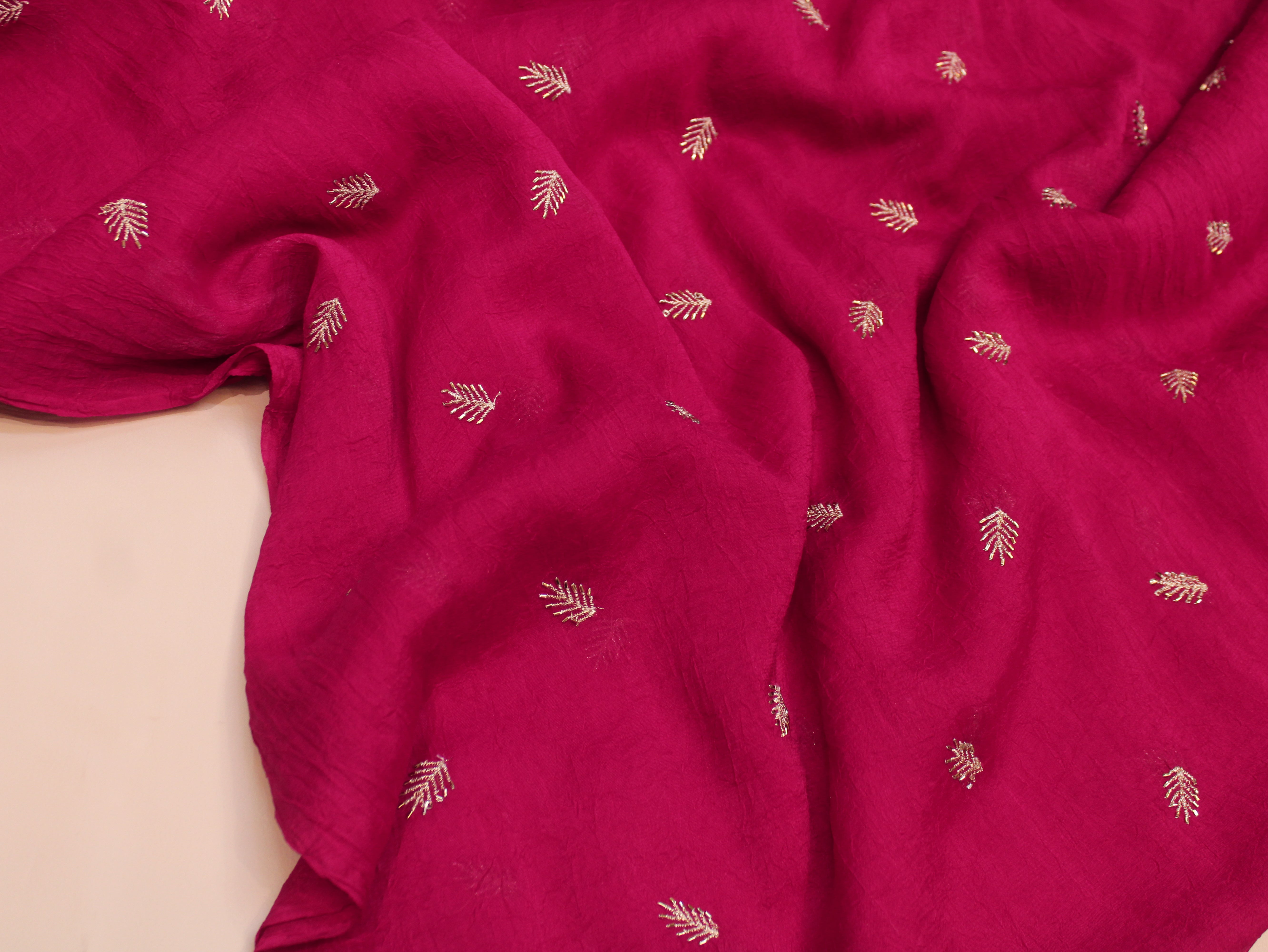 Chinon Silk Fabric — Rani | Gold Zari Feather Butti with Semi Beads | 44 Inch Width