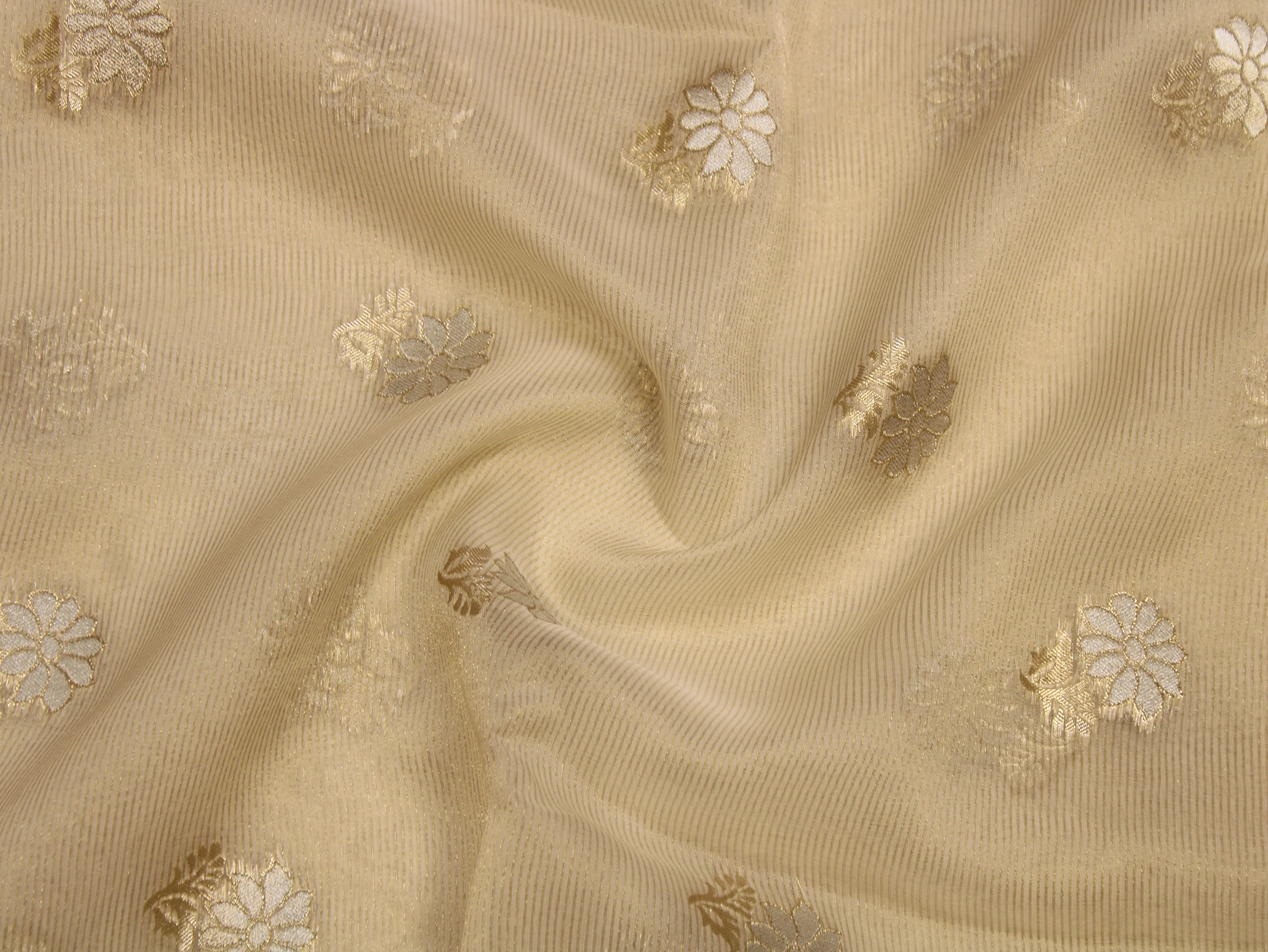 Tissue Fabric — Beige | Dual-Tone Gold & Silver Zari Floral Butti