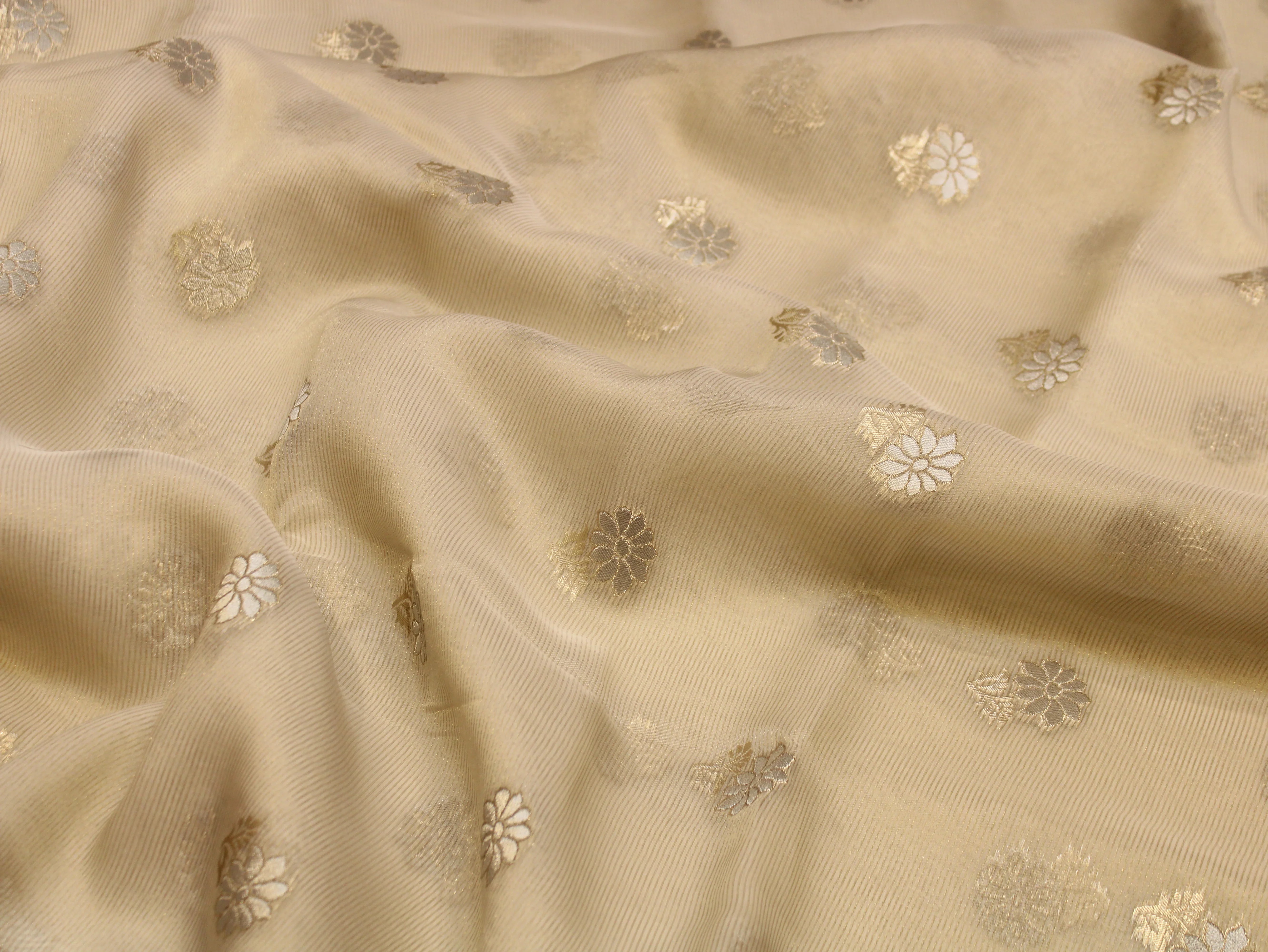 Tissue Fabric — Beige | Dual-Tone Gold & Silver Zari Floral Butti