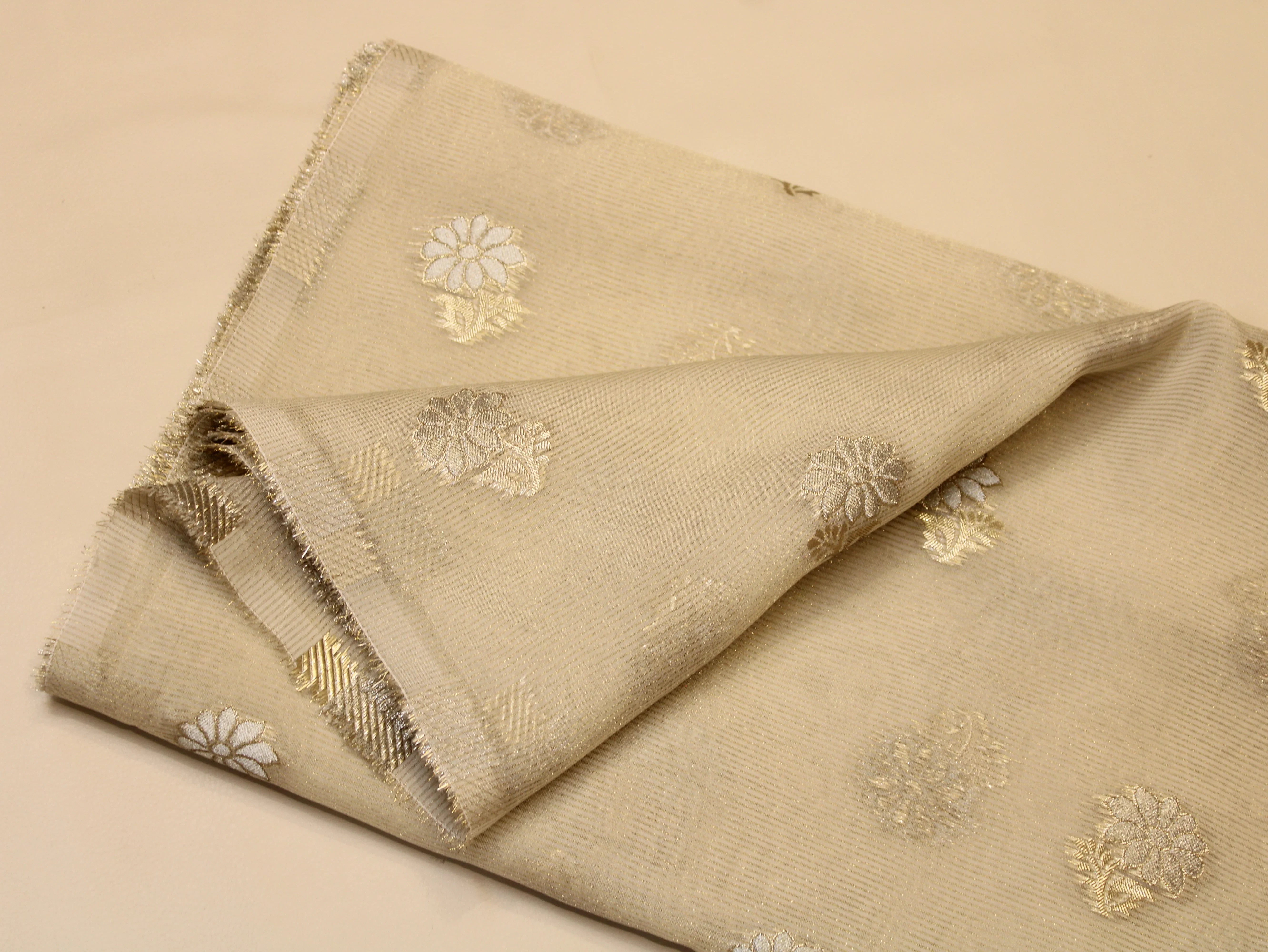 Tissue Fabric — Beige | Dual-Tone Gold & Silver Zari Floral Butti