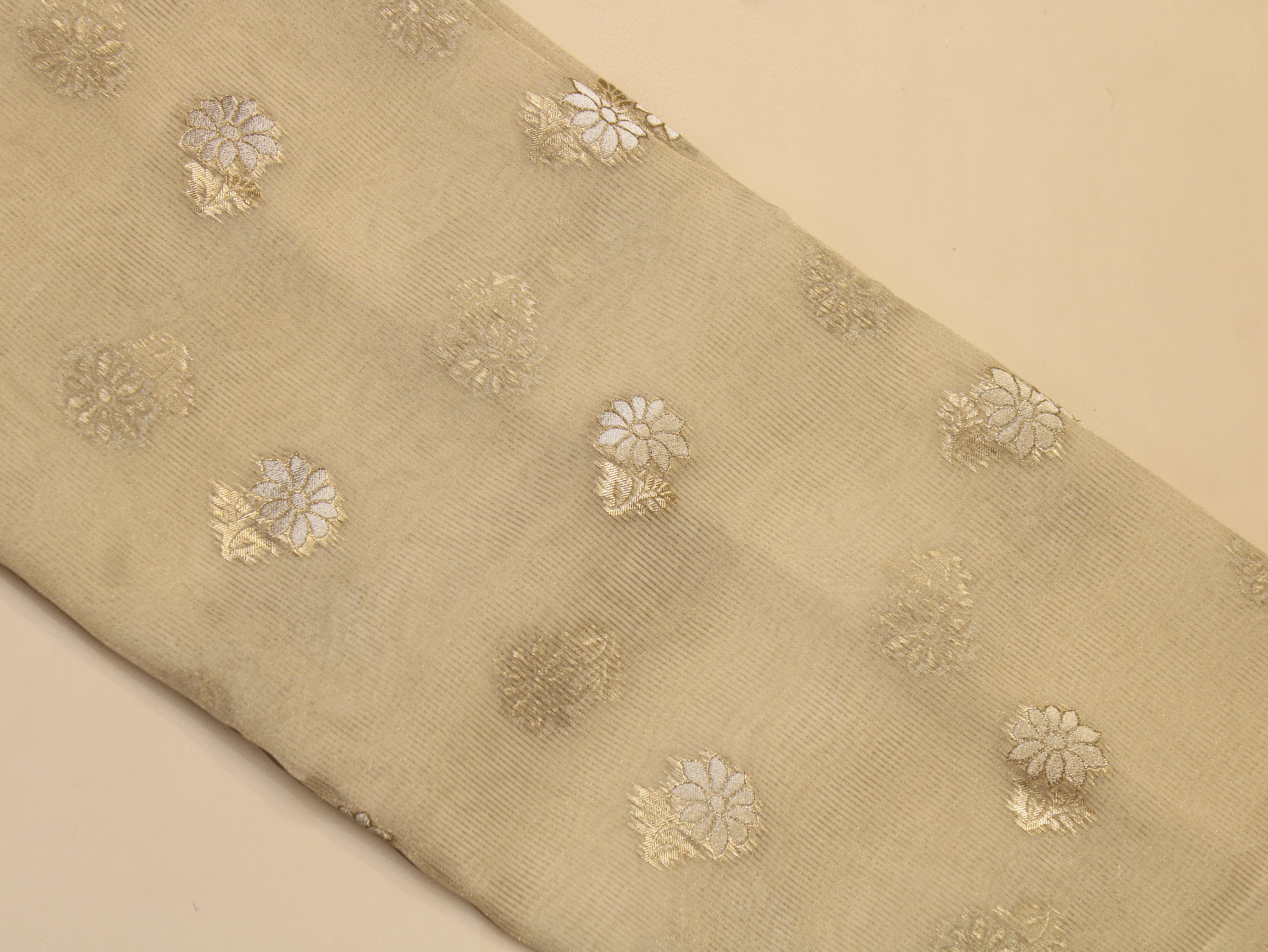 Tissue Fabric — Beige | Dual-Tone Gold & Silver Zari Floral Butti