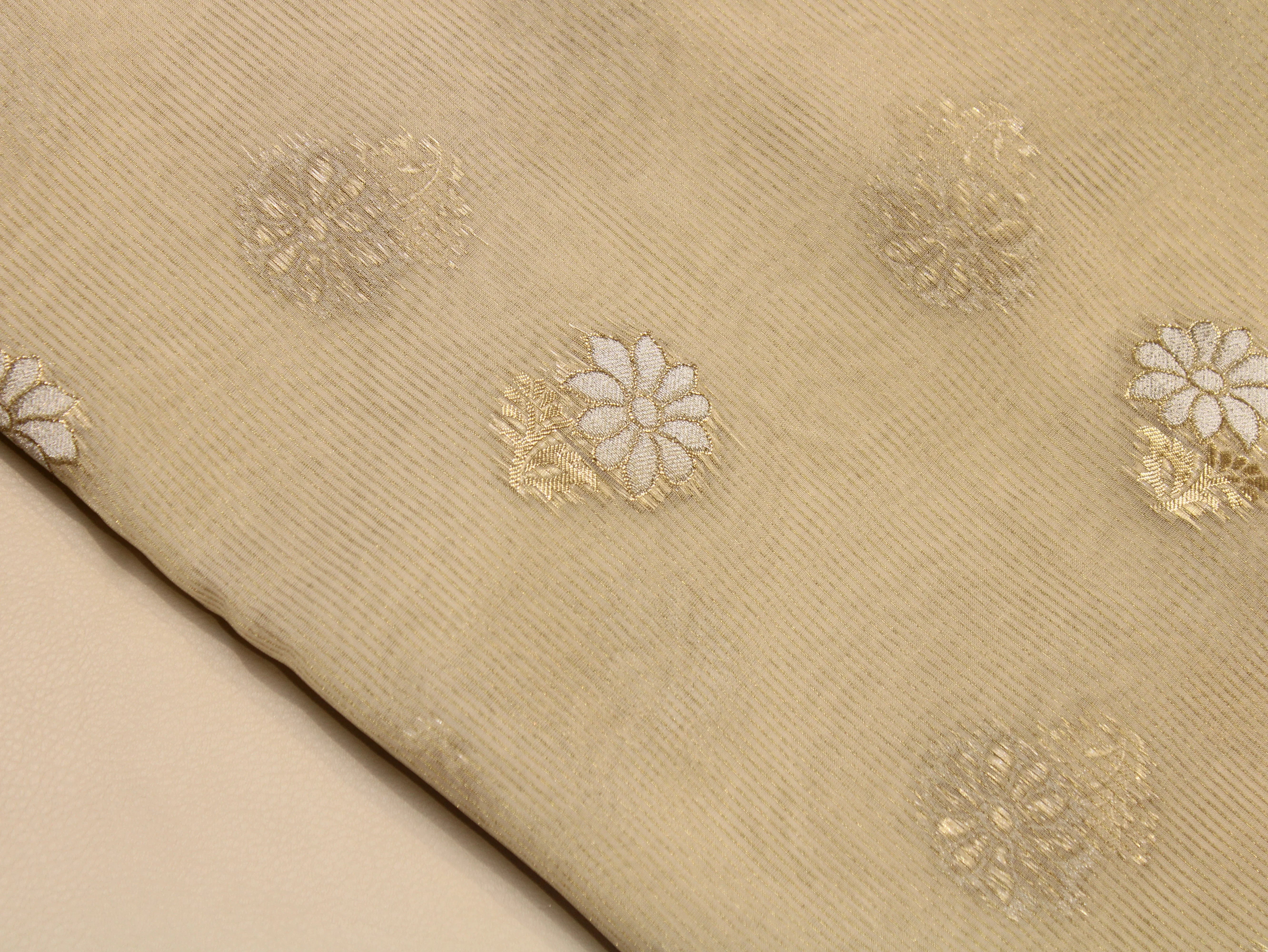 Tissue Fabric — Beige | Dual-Tone Gold & Silver Zari Floral Butti