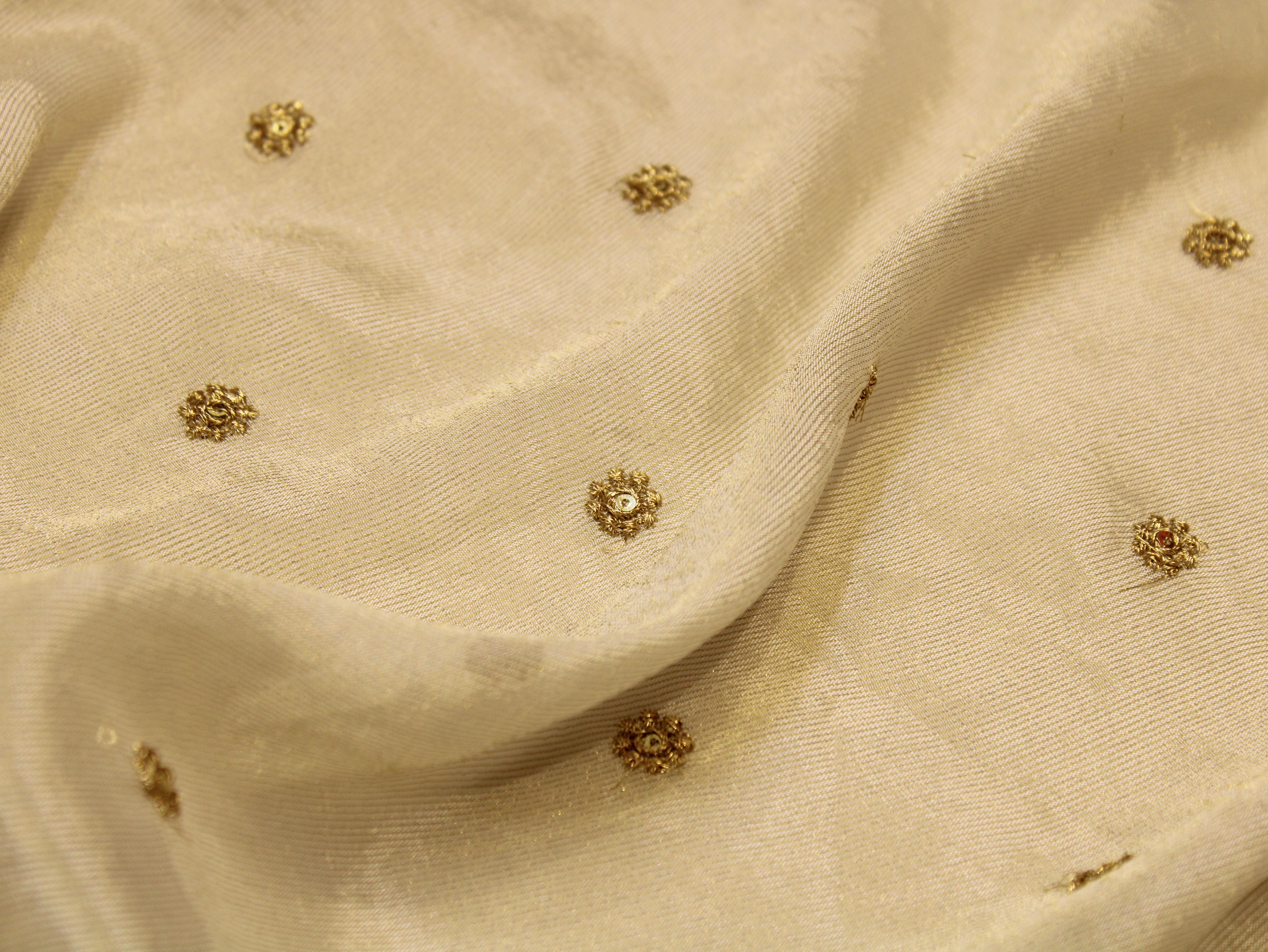 Chinon Tissue Fabric — Ivory Dyeable | Allover Gold Zari Rosette Butti