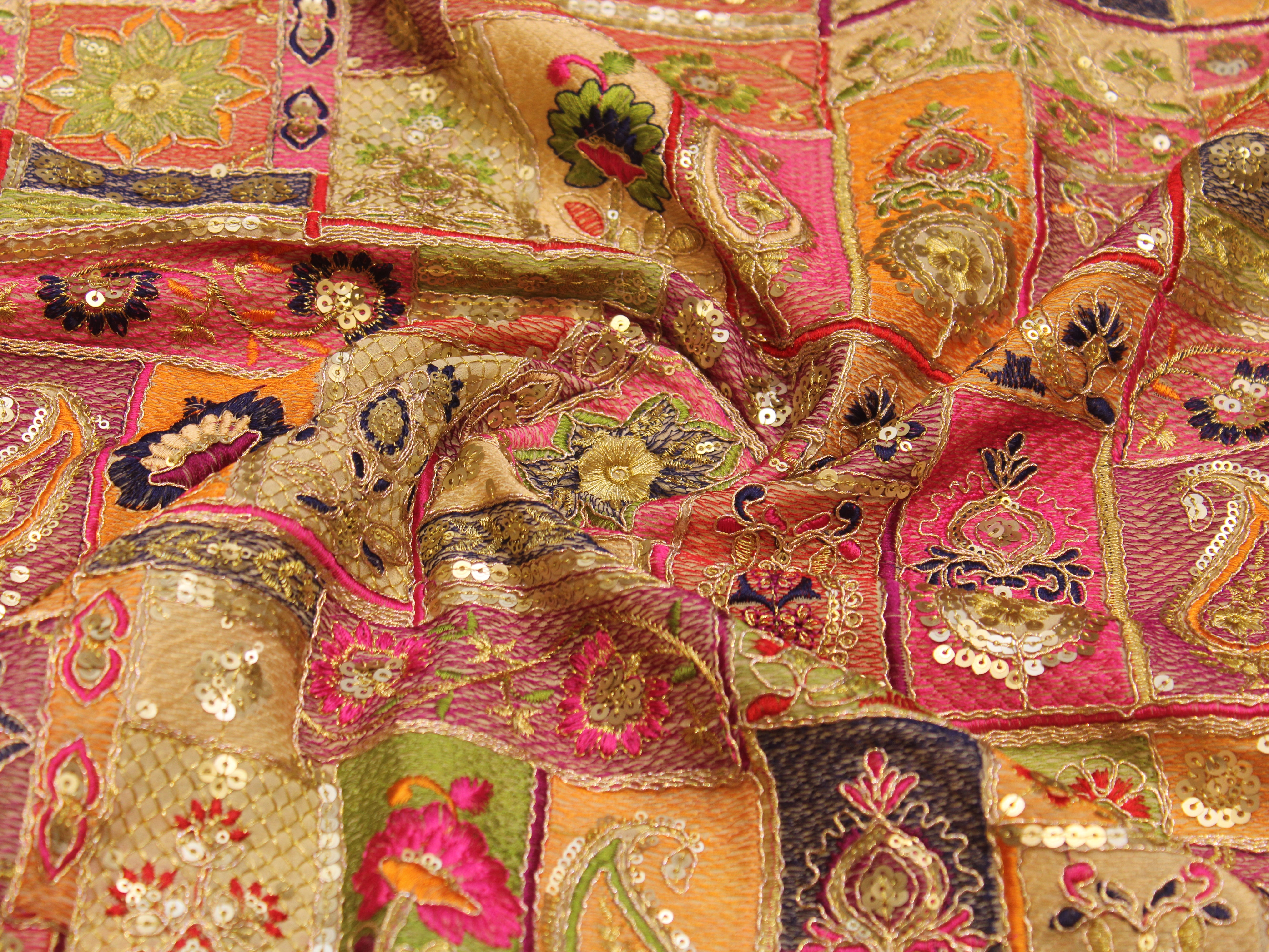 Faux Georgette Fabric — Heavy Thread, Zari & Sequin Work | Patchwork Design | Beige | 38 Inch