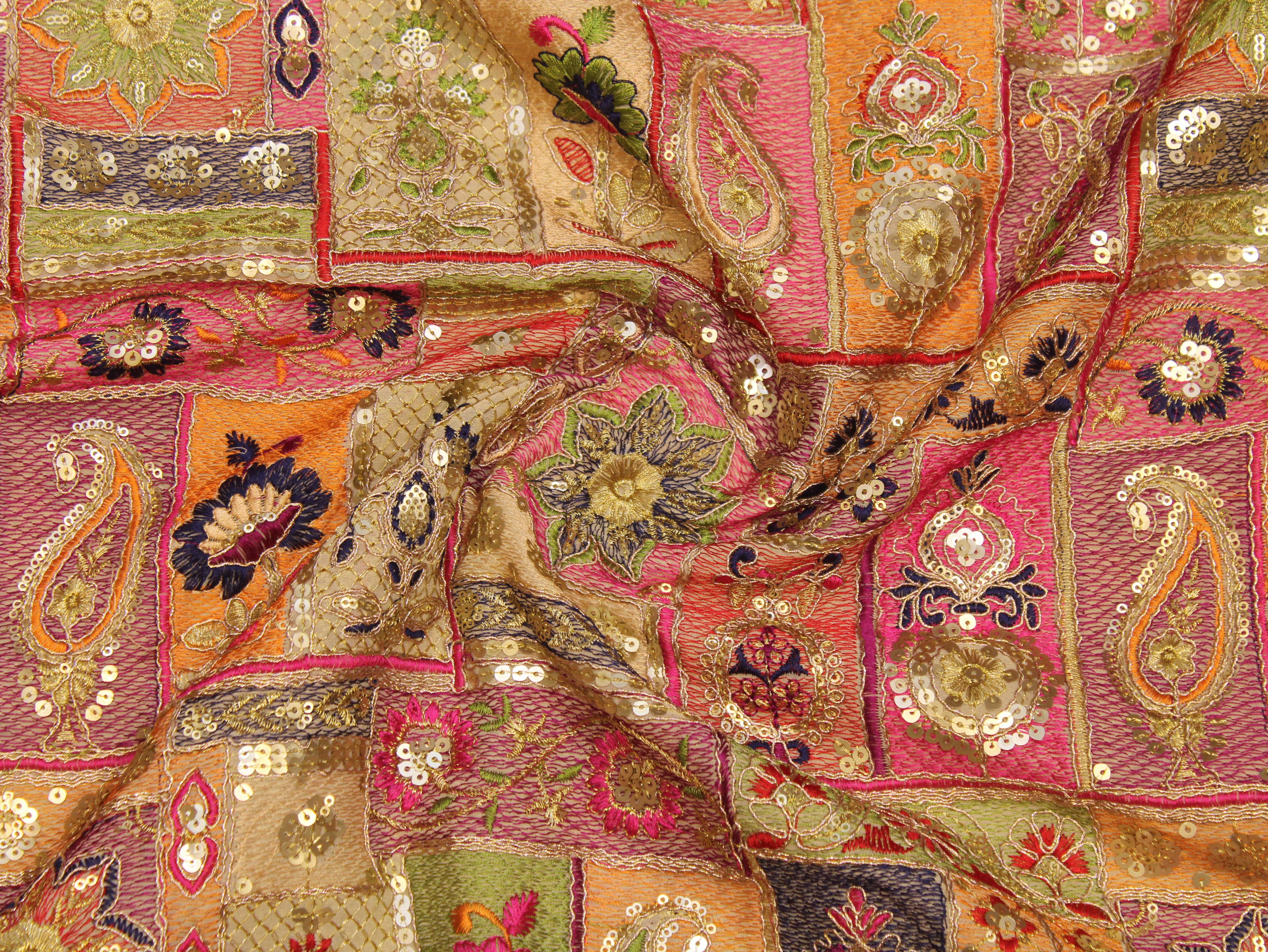 Faux Georgette Fabric — Heavy Thread, Zari & Sequin Work | Patchwork Design | Beige | 38 Inch