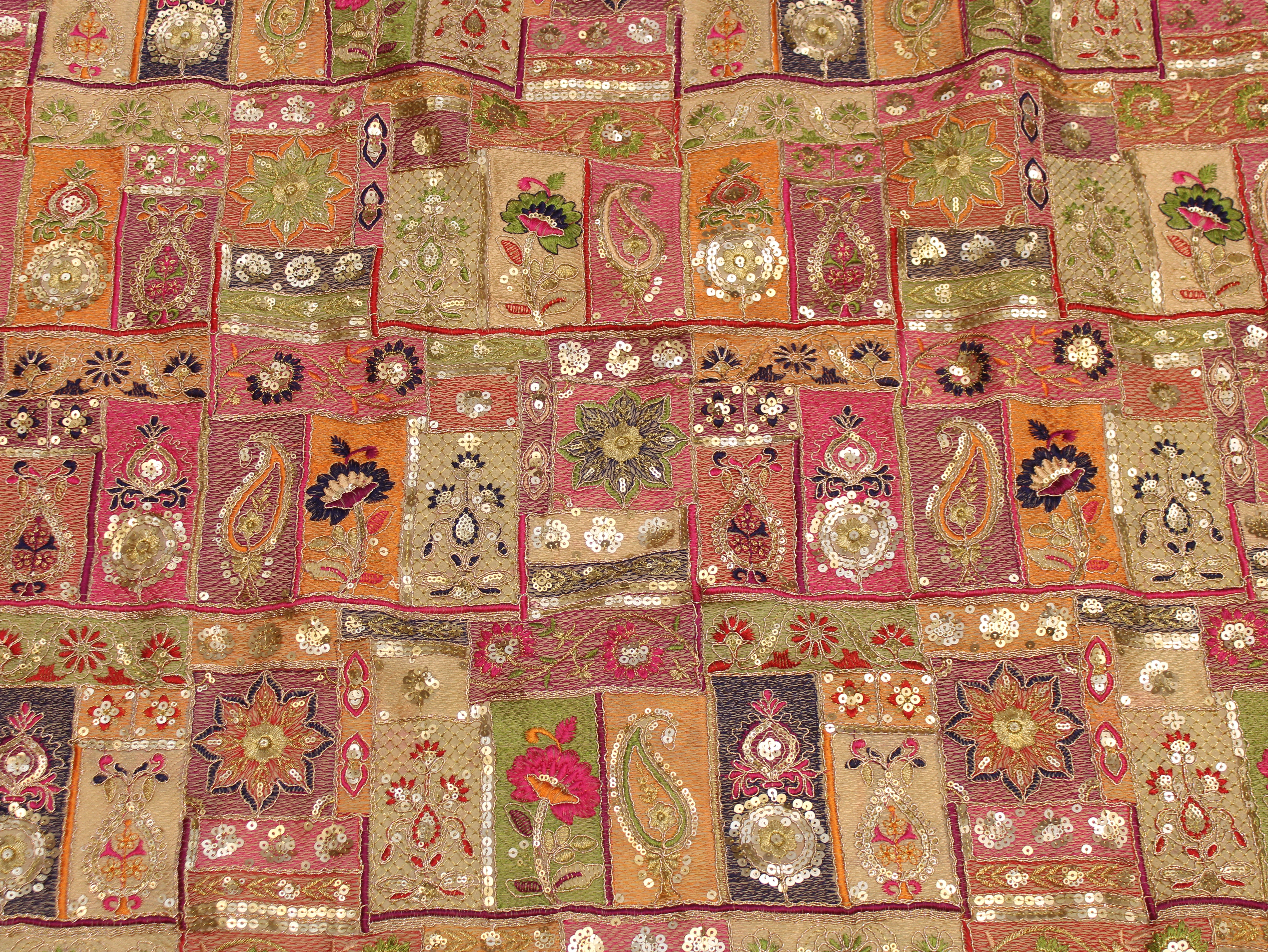 Faux Georgette Fabric — Heavy Thread, Zari & Sequin Work | Patchwork Design | Beige | 38 Inch