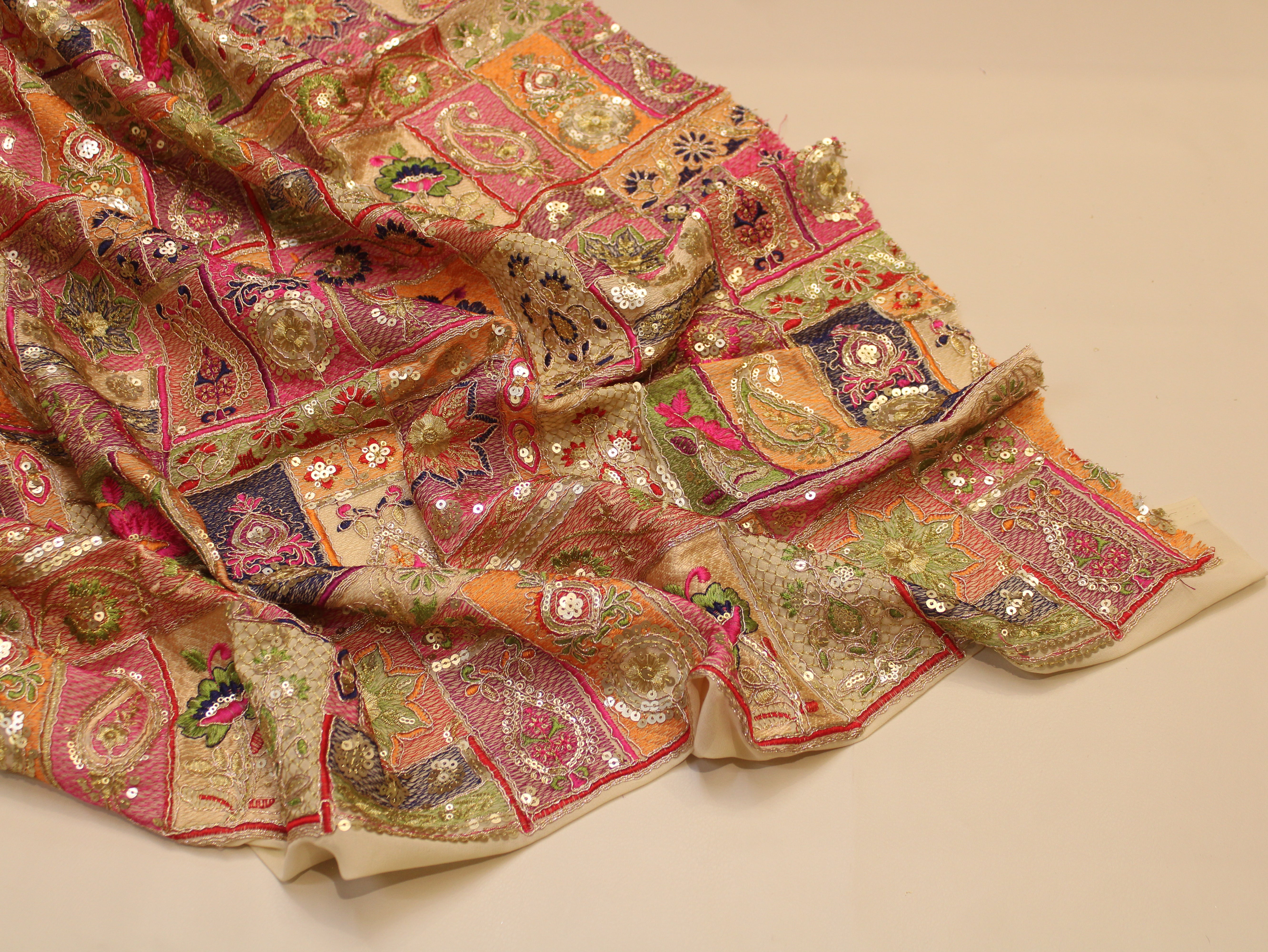 Faux Georgette Fabric — Heavy Thread, Zari & Sequin Work | Patchwork Design | Beige | 38 Inch