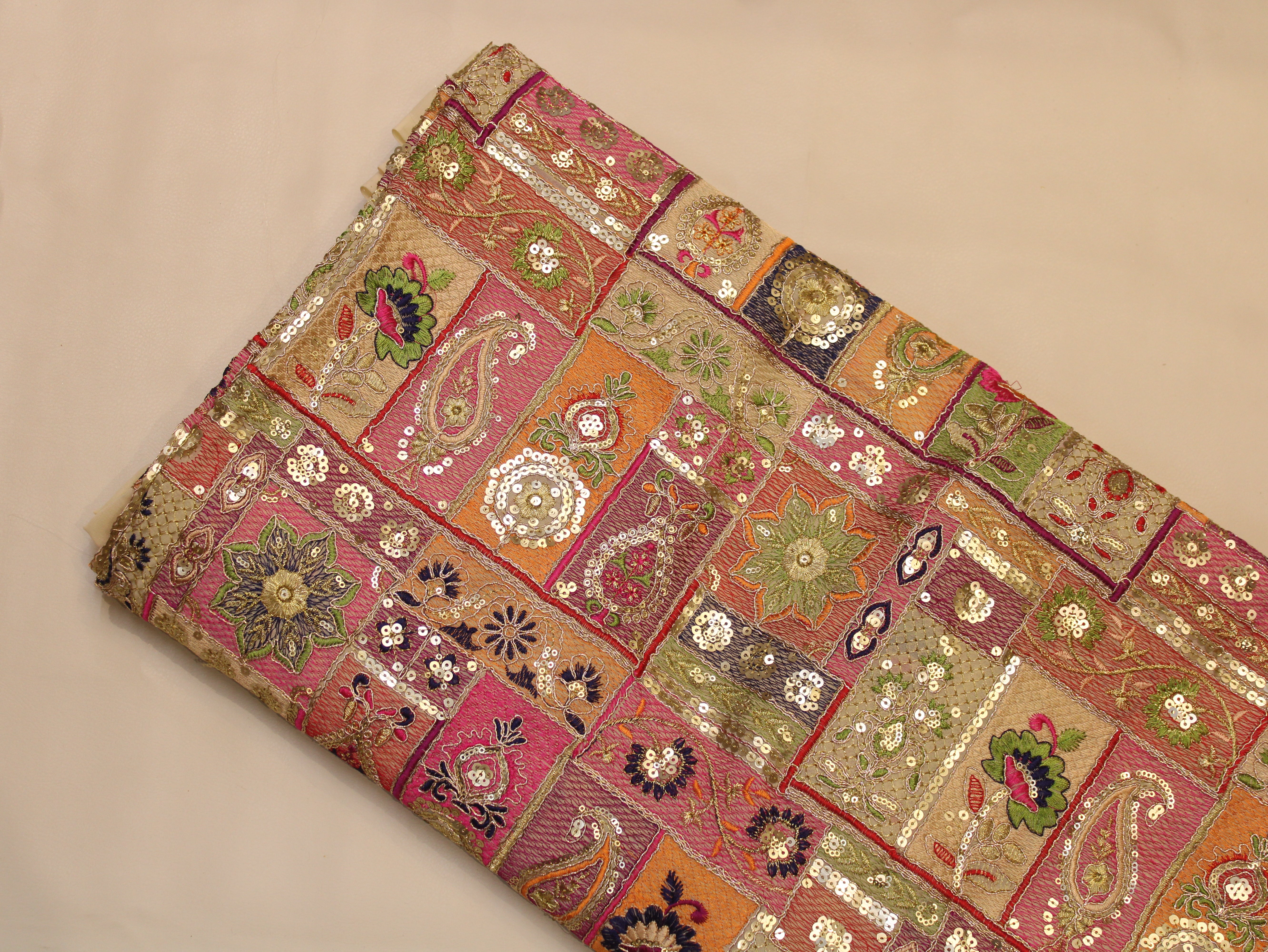 Faux Georgette Fabric — Heavy Thread, Zari & Sequin Work | Patchwork Design | Beige | 38 Inch