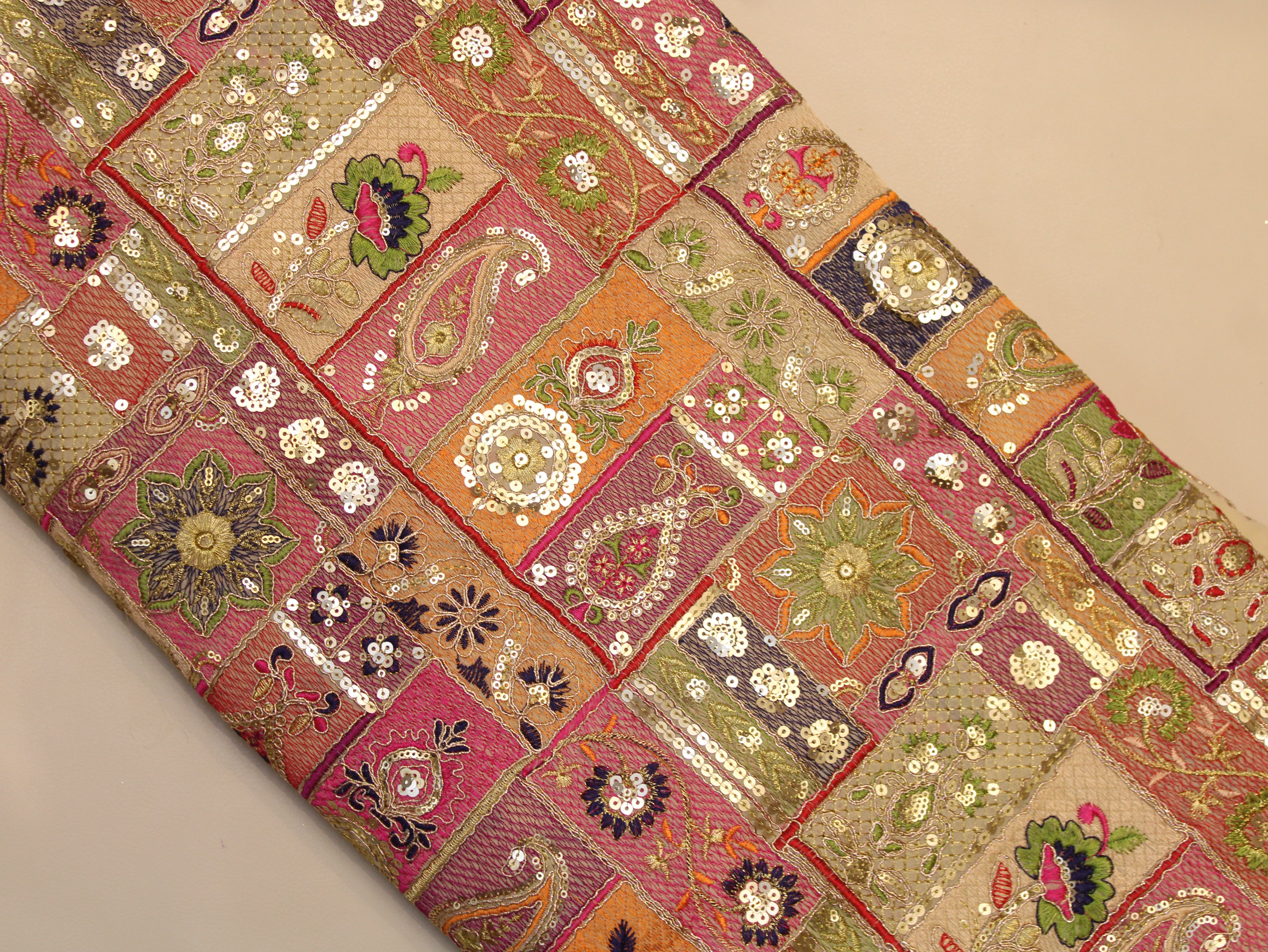 Faux Georgette Fabric — Heavy Thread, Zari & Sequin Work | Patchwork Design | Beige | 38 Inch