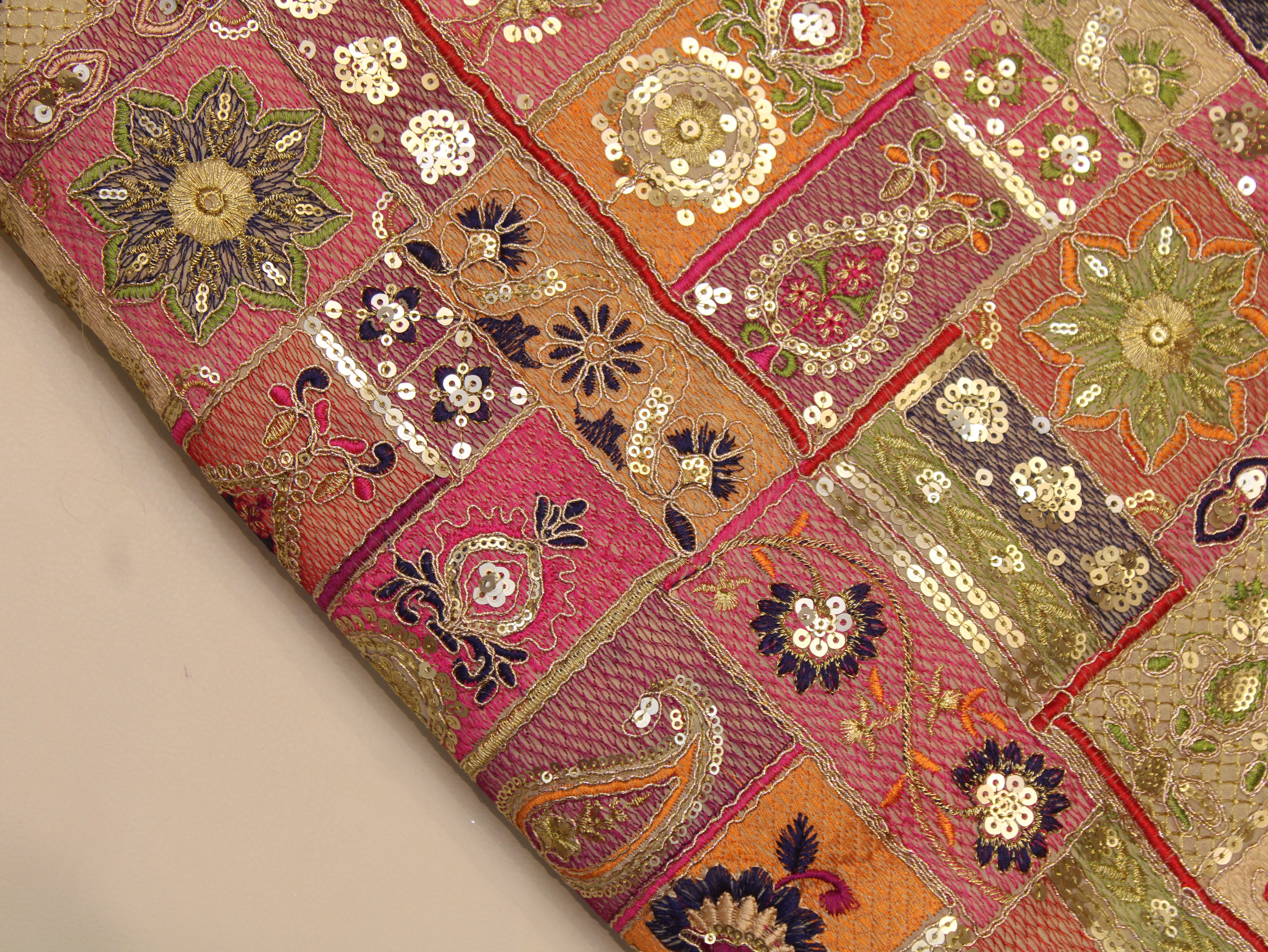 Faux Georgette Fabric — Heavy Thread, Zari & Sequin Work | Patchwork Design | Beige | 38 Inch