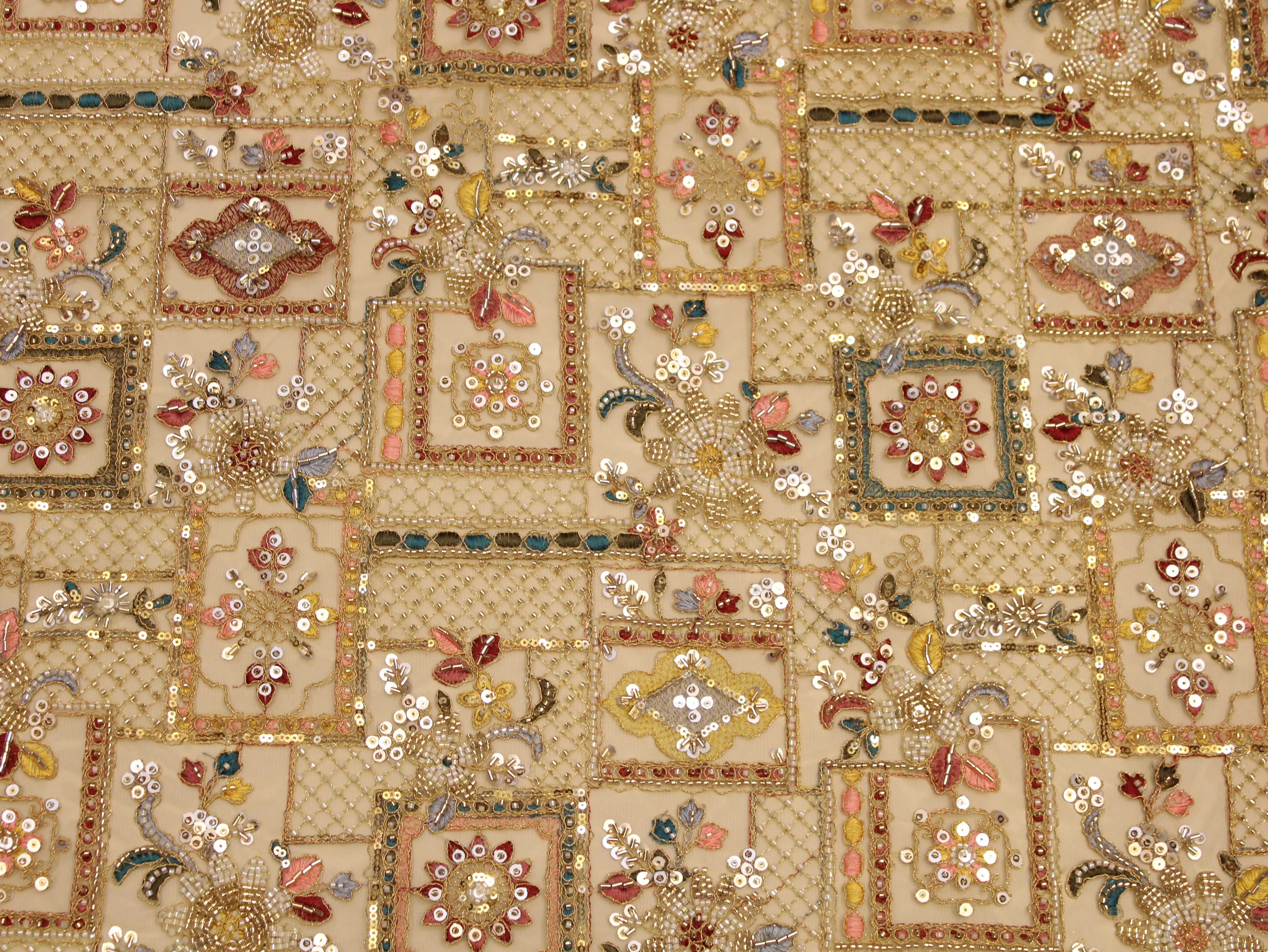 Net Fabric — Heavy Beads, Pearls, Sequin & Thread Work | Gold Zari Jaal | Beige | 38 Inch