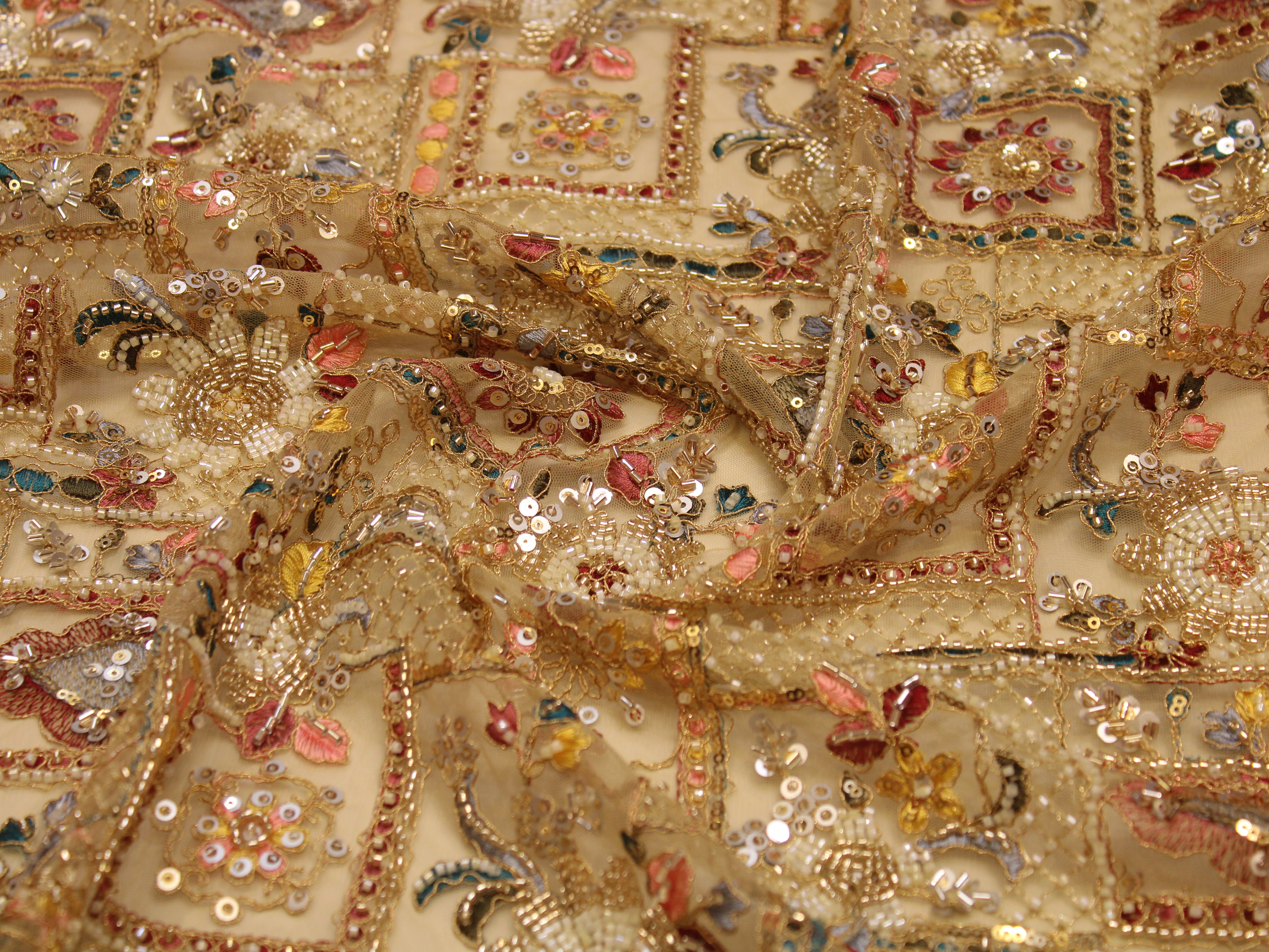 Net Fabric — Heavy Beads, Pearls, Sequin & Thread Work | Gold Zari Jaal | Beige | 38 Inch