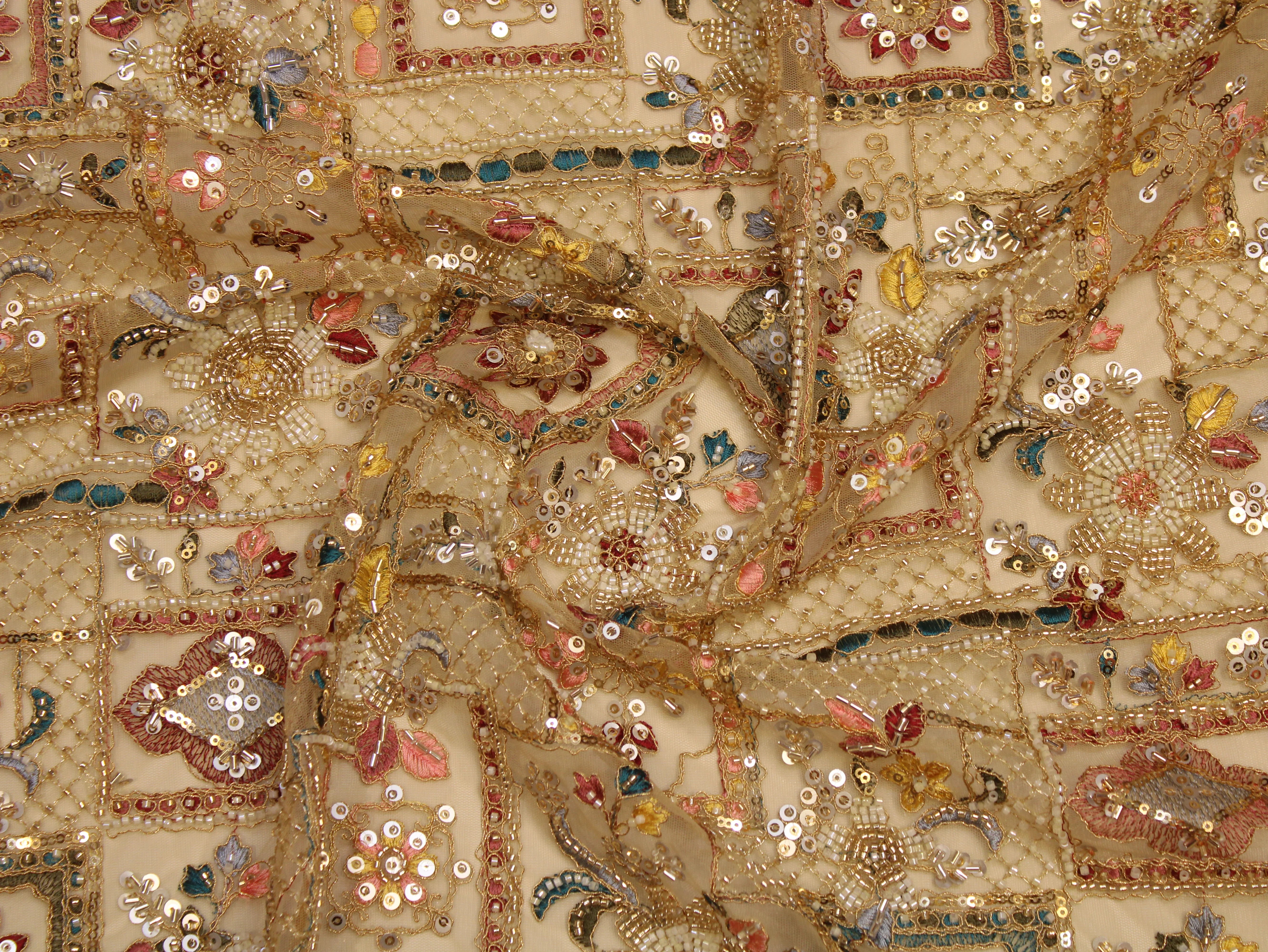 Net Fabric — Heavy Beads, Pearls, Sequin & Thread Work | Gold Zari Jaal | Beige | 38 Inch