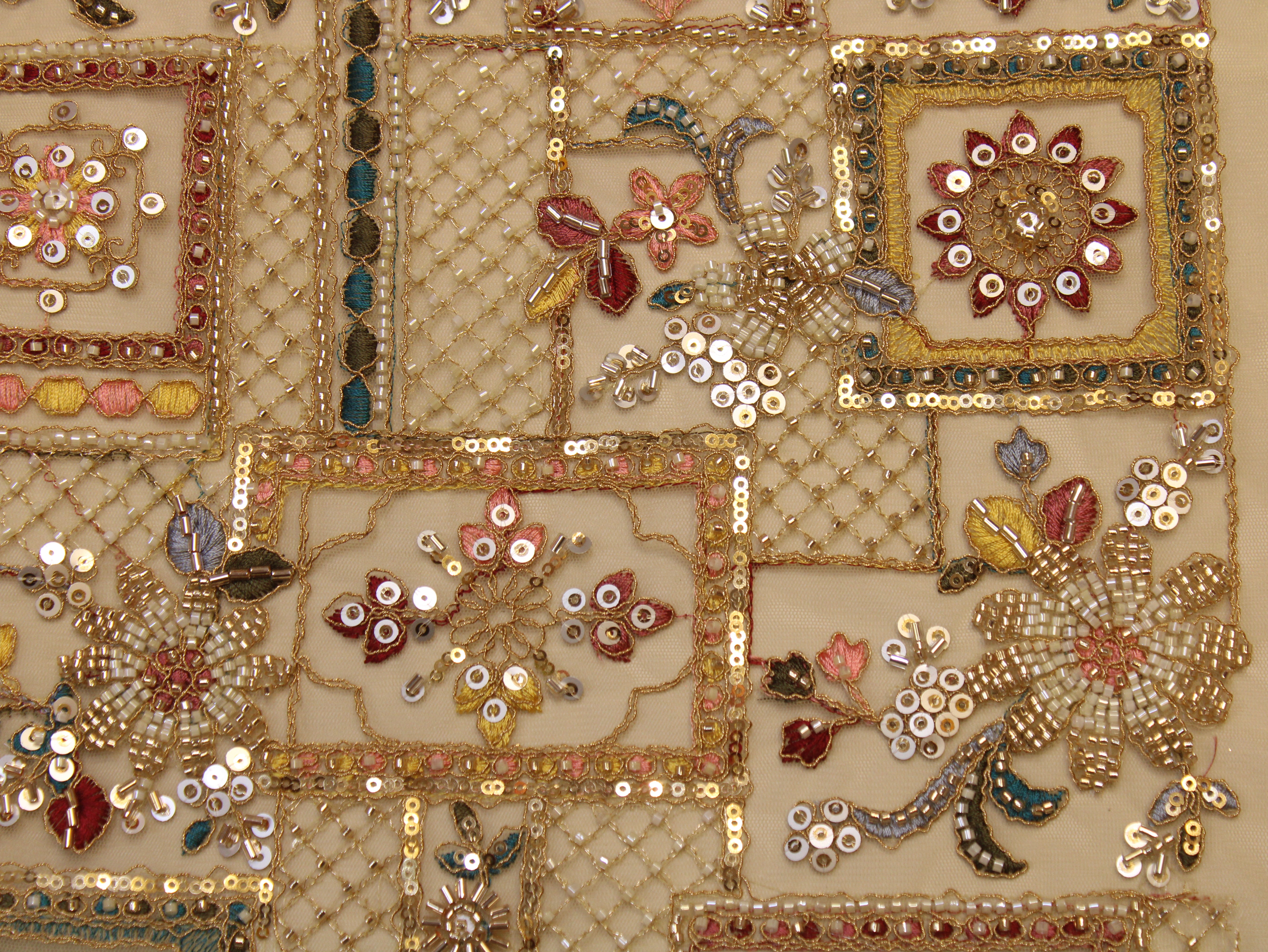 Net Fabric — Heavy Beads, Pearls, Sequin & Thread Work | Gold Zari Jaal | Beige | 38 Inch