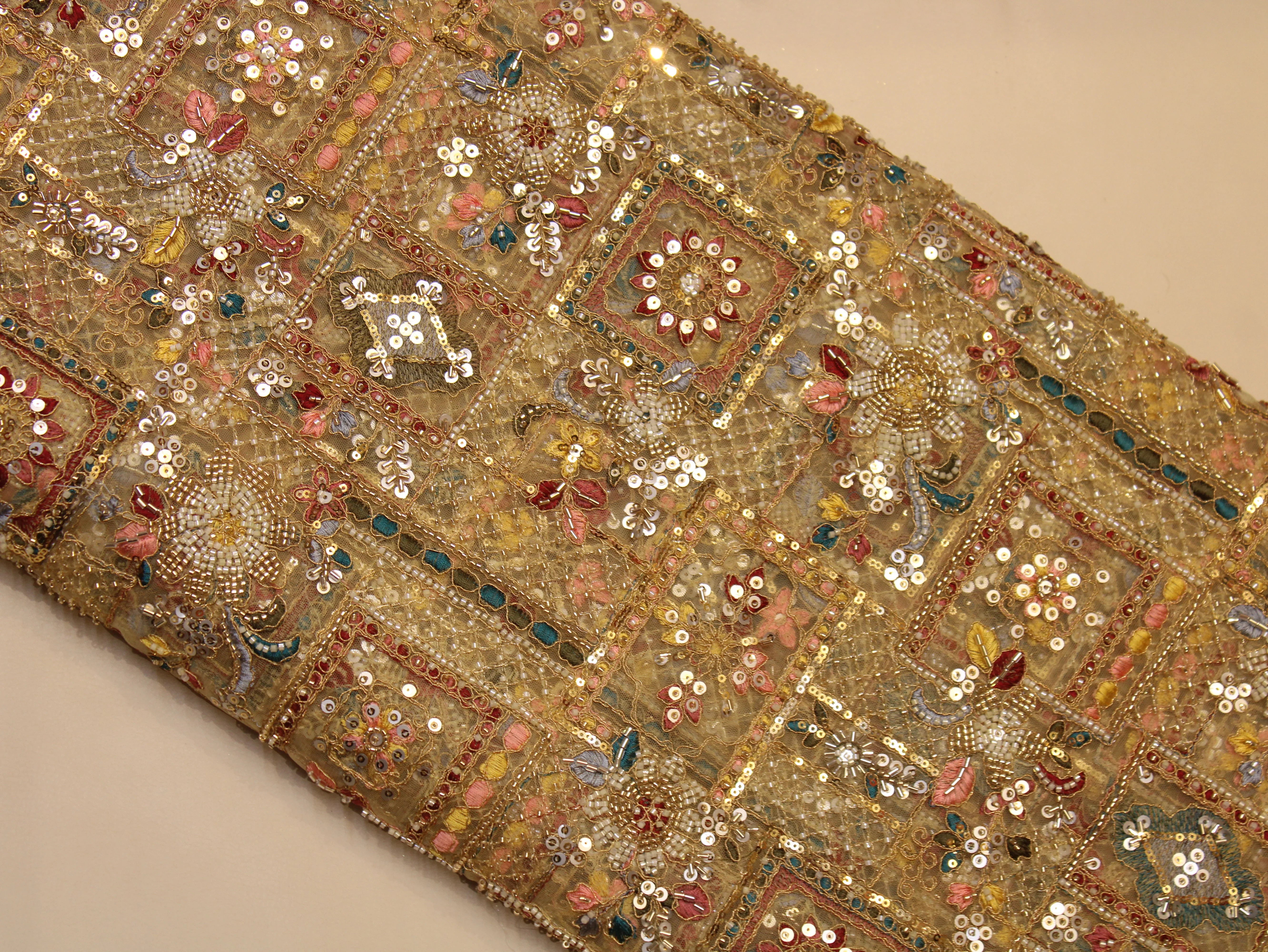 Net Fabric — Heavy Beads, Pearls, Sequin & Thread Work | Gold Zari Jaal | Beige | 38 Inch