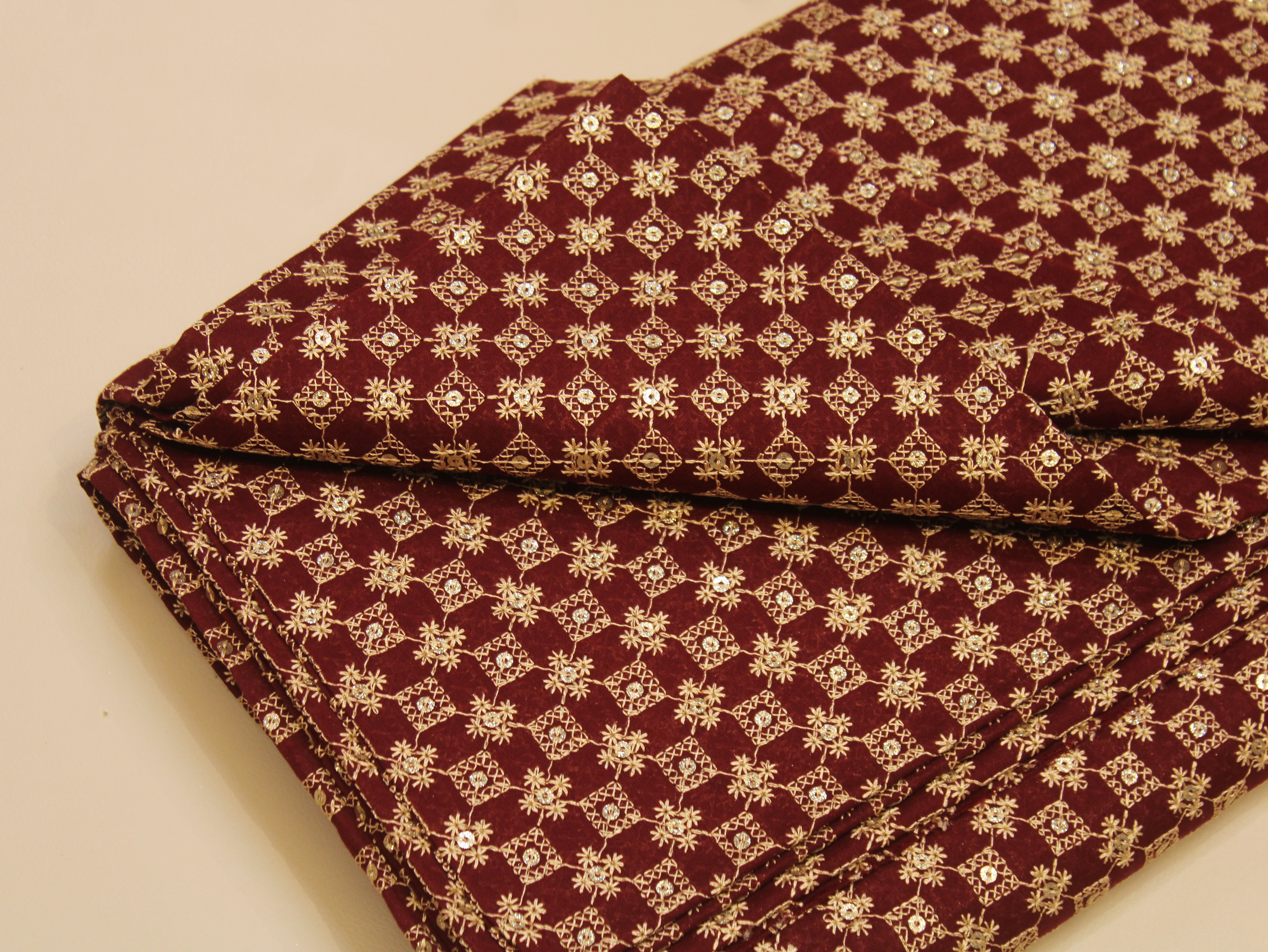 Pure Cotton Embroidery Fabric — Wine | Gold Zari Grid | M'Foks