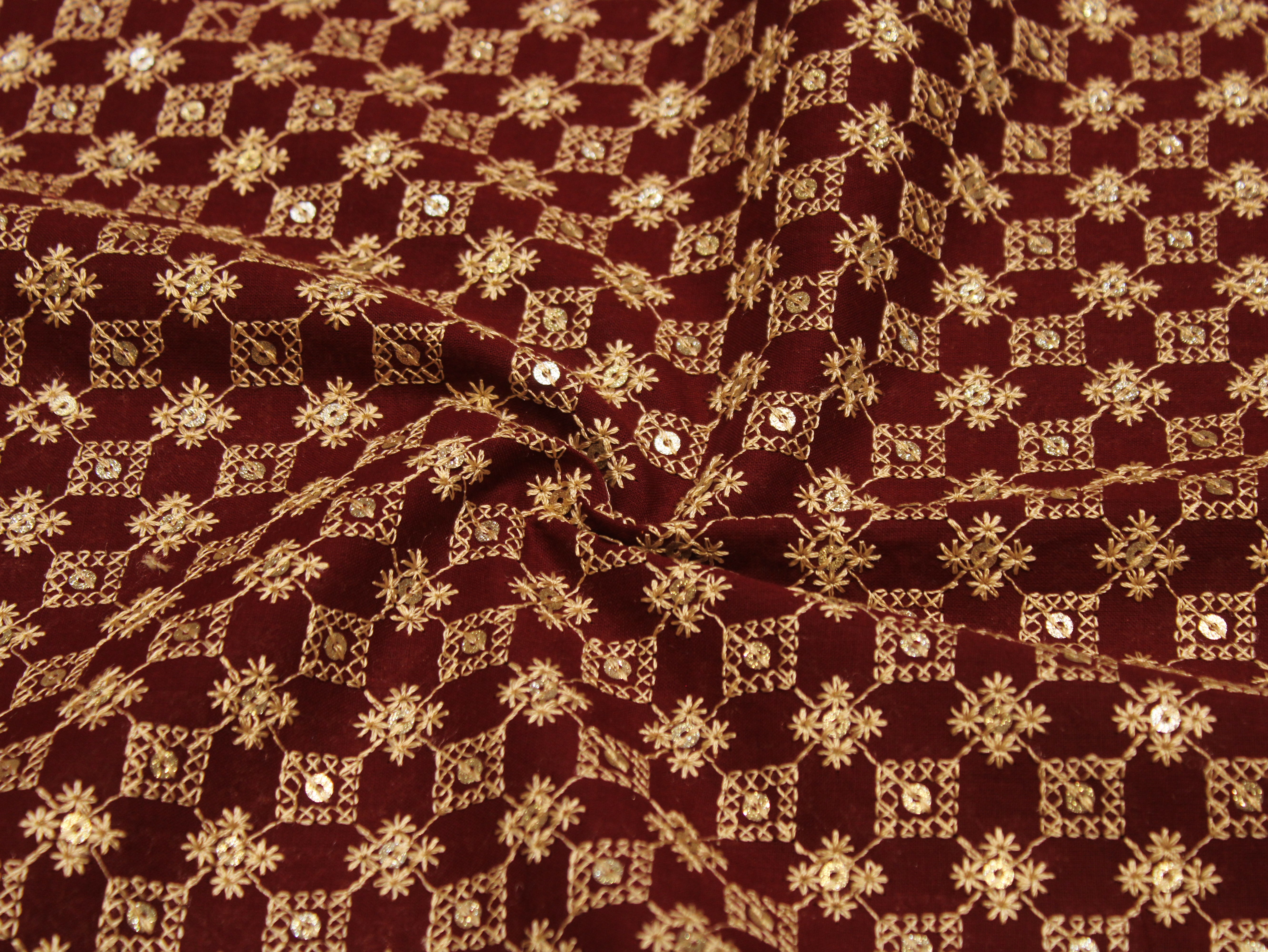 Pure Cotton Embroidery Fabric — Wine | Gold Zari Grid | M'Foks