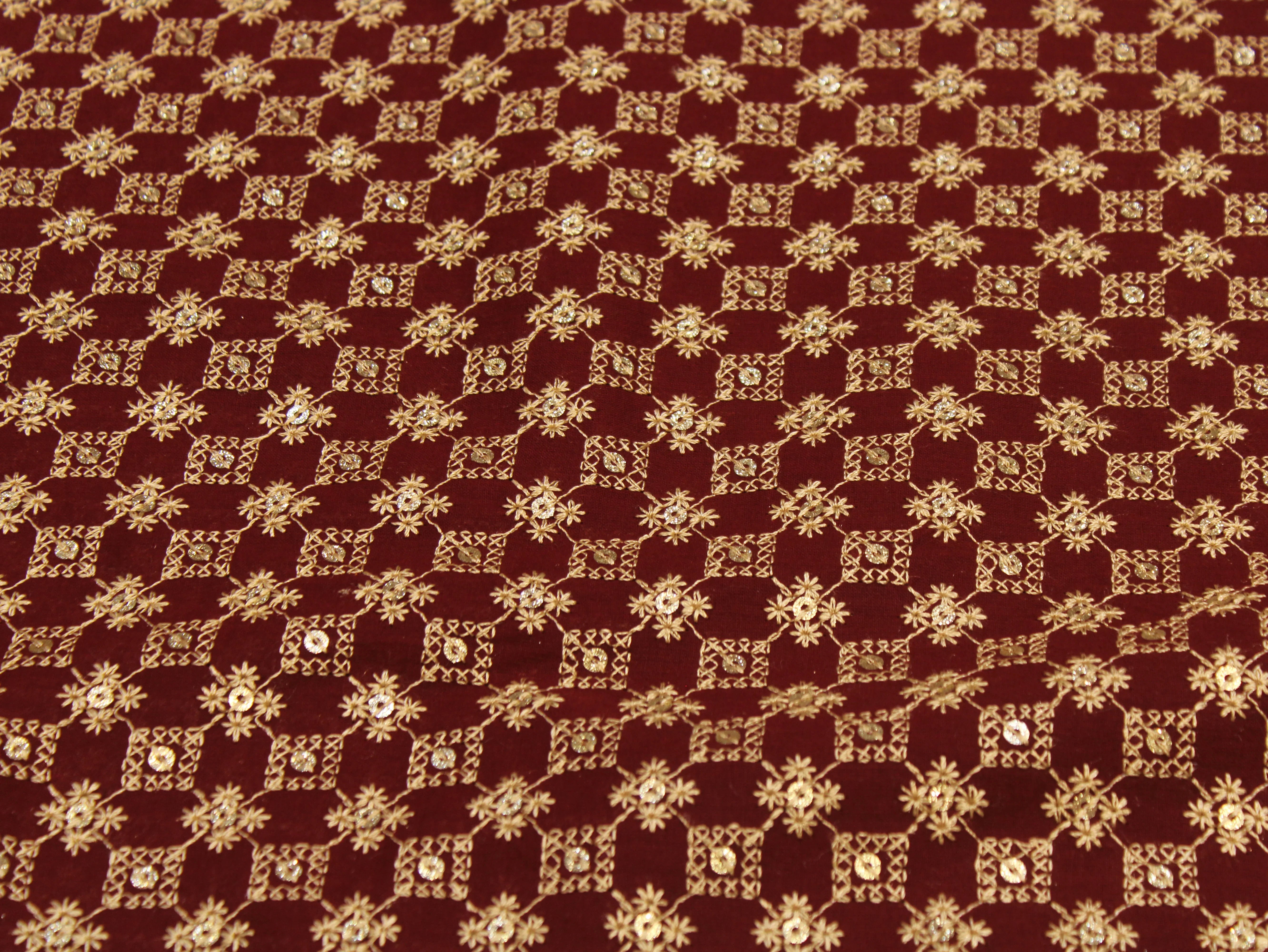 Pure Cotton Embroidery Fabric — Wine | Gold Zari Grid | M'Foks