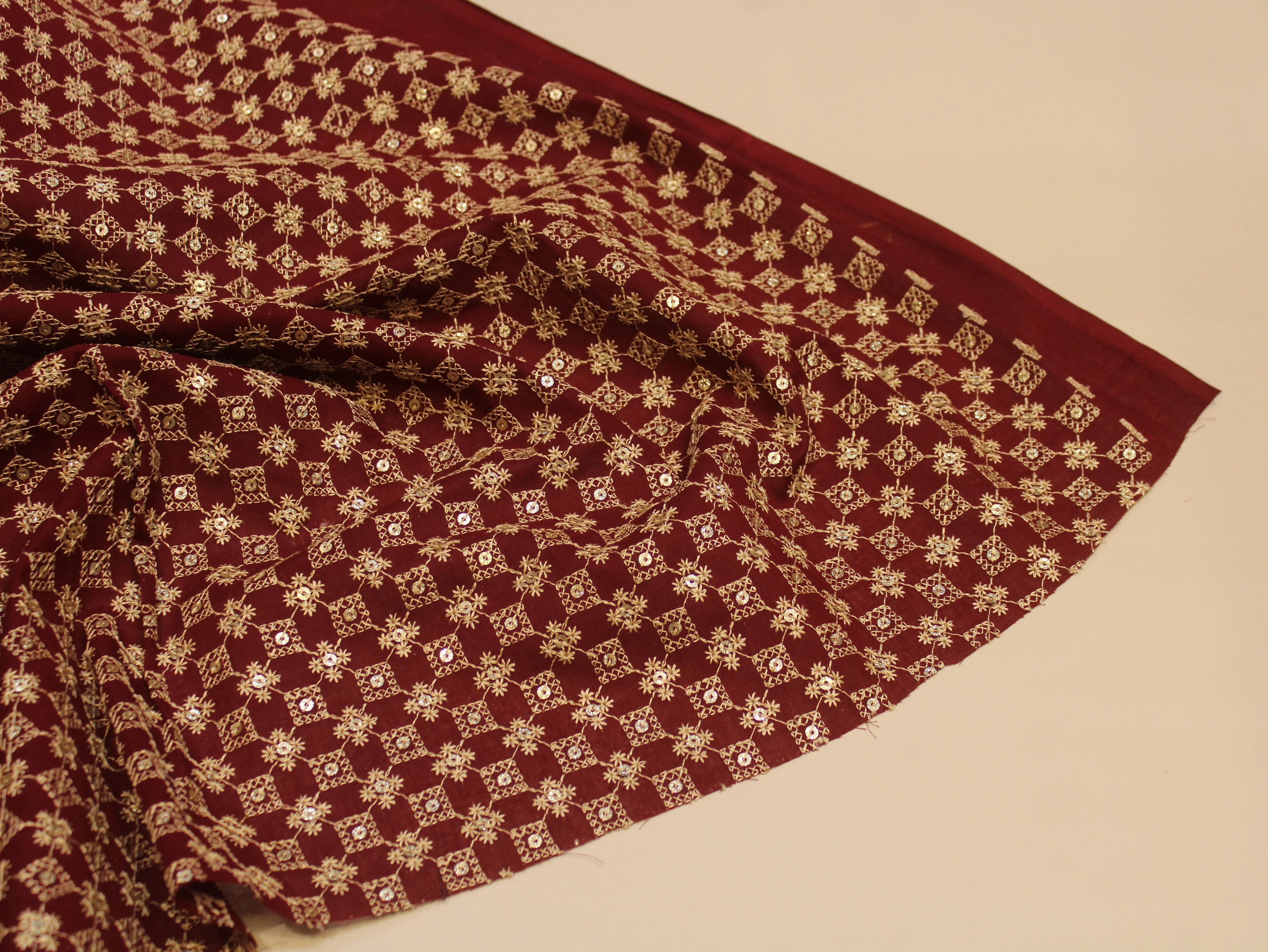 Pure Cotton Embroidery Fabric — Wine | Gold Zari Grid | M'Foks