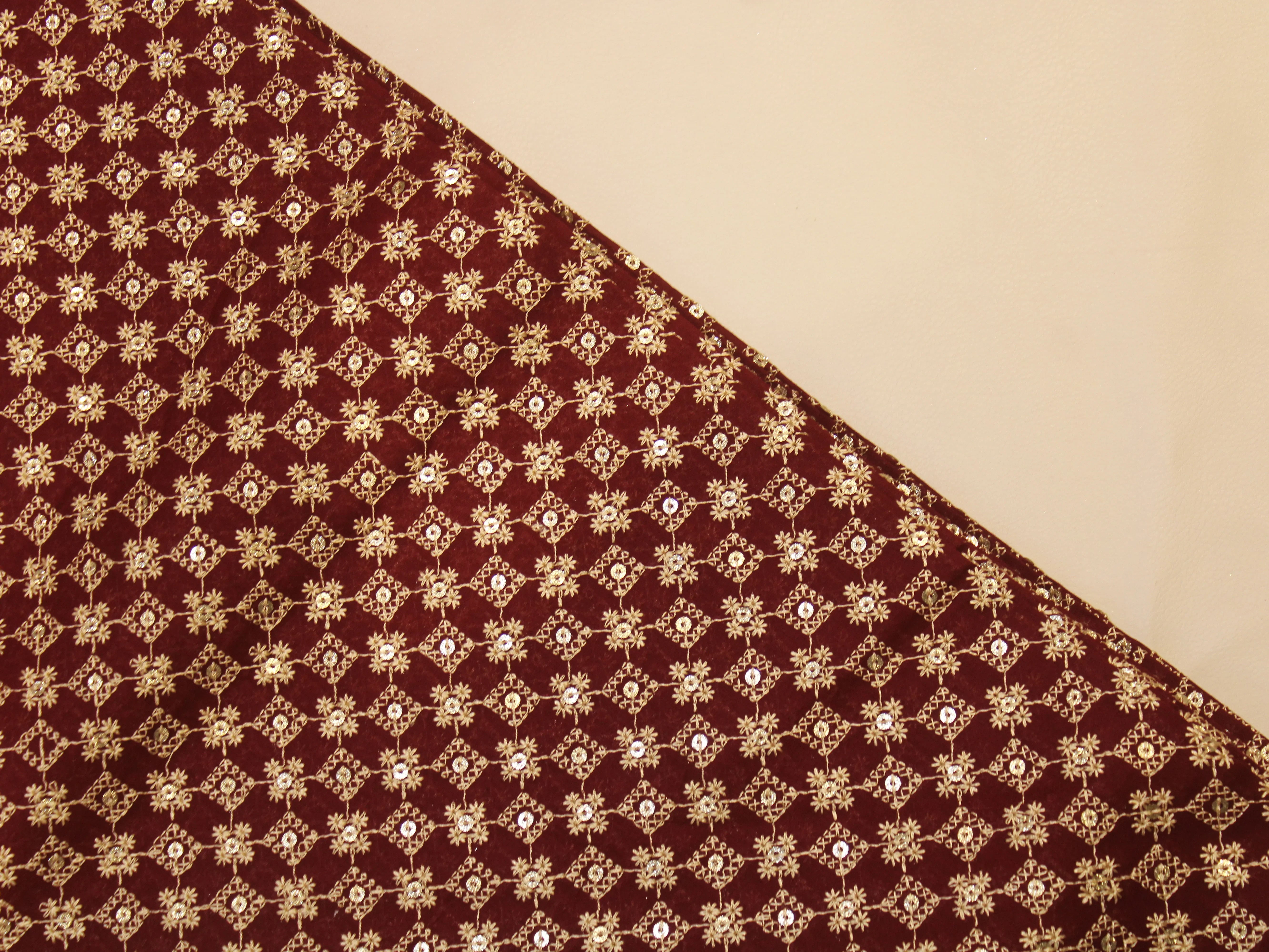 Pure Cotton Embroidery Fabric — Wine | Gold Zari Grid | M'Foks