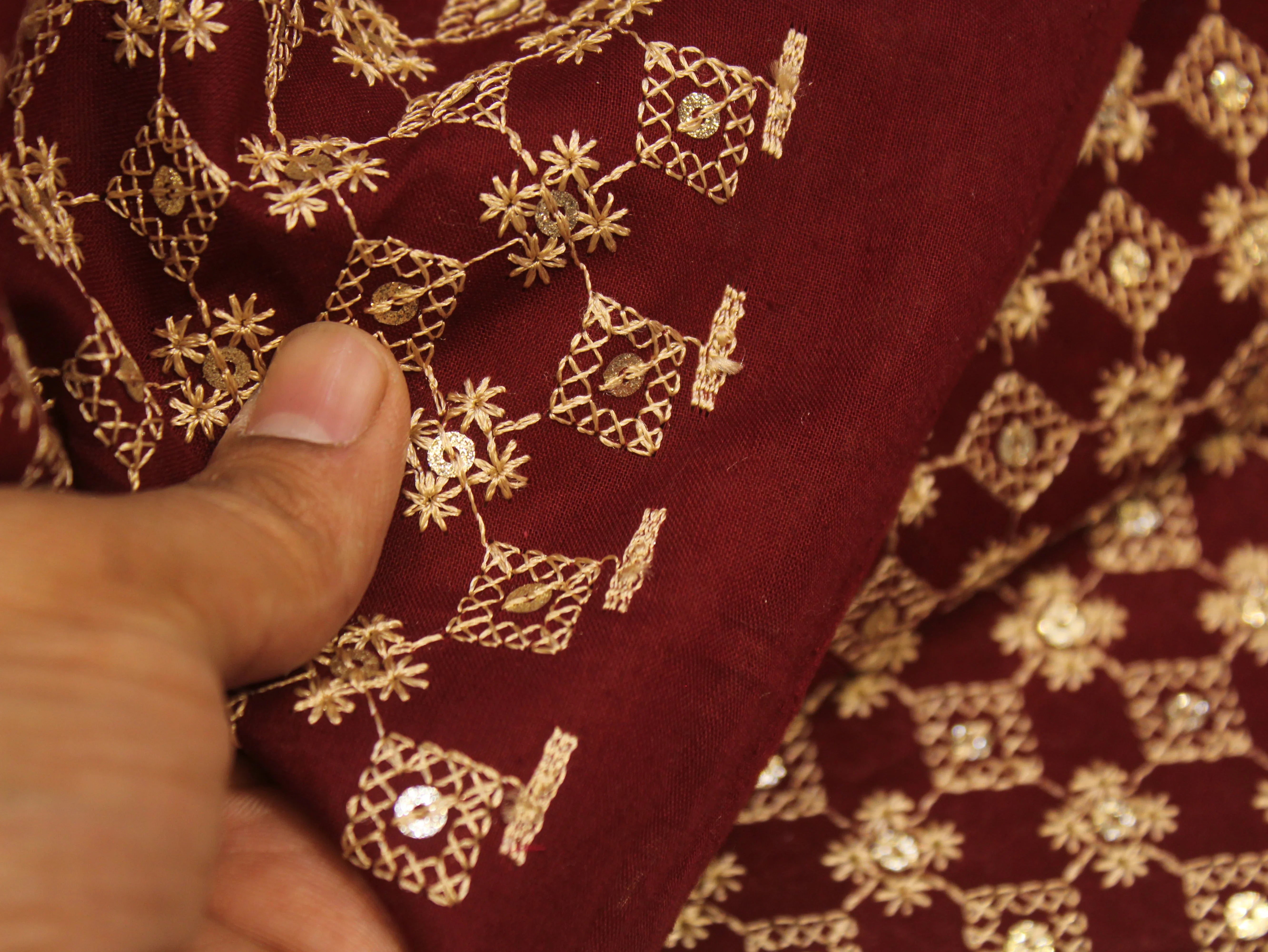 Pure Cotton Embroidery Fabric — Wine | Gold Zari Grid | M'Foks
