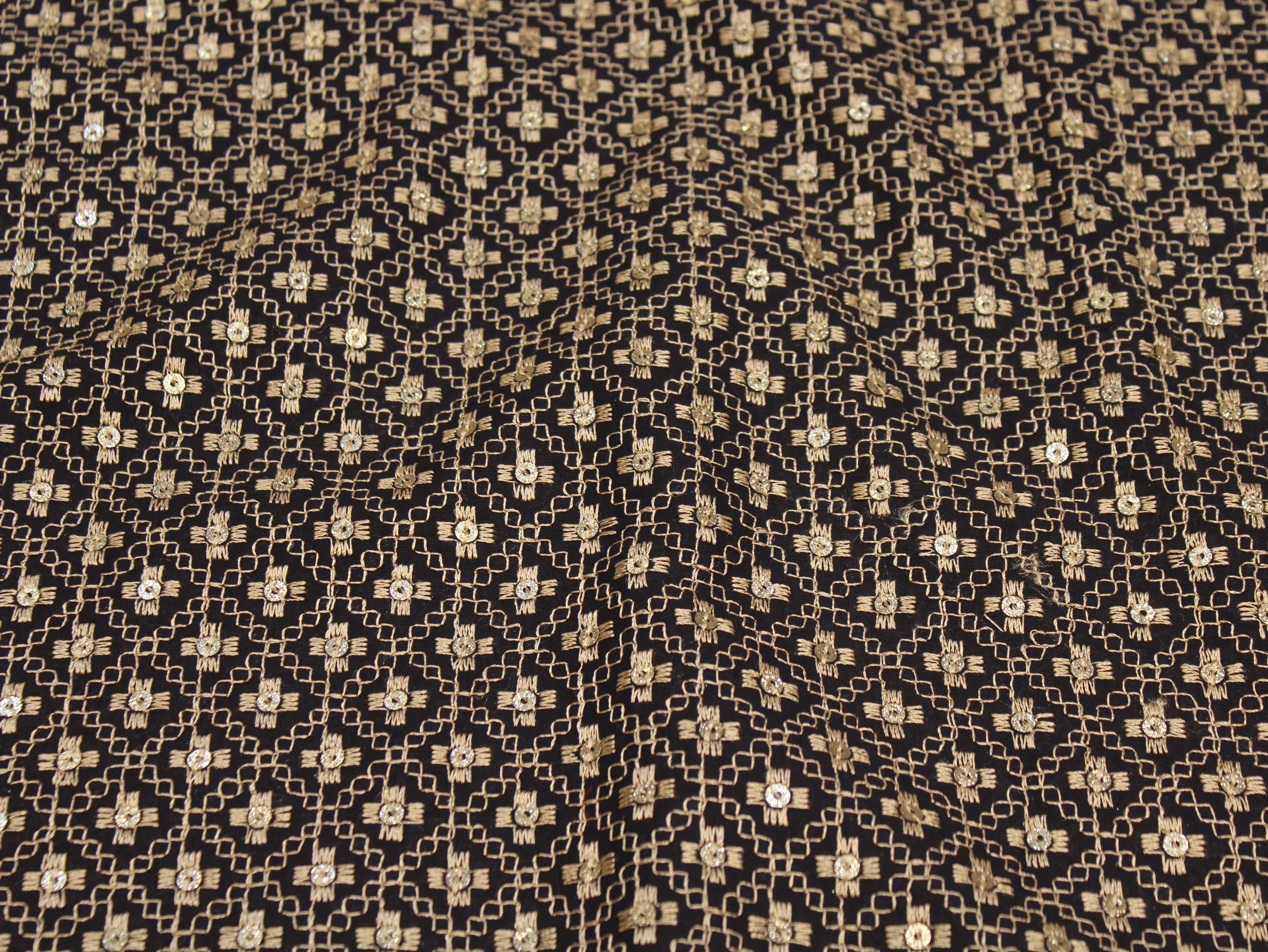 Pure Cotton Embroidery Fabric — Blue | Gold Zari Grid | M'Foks