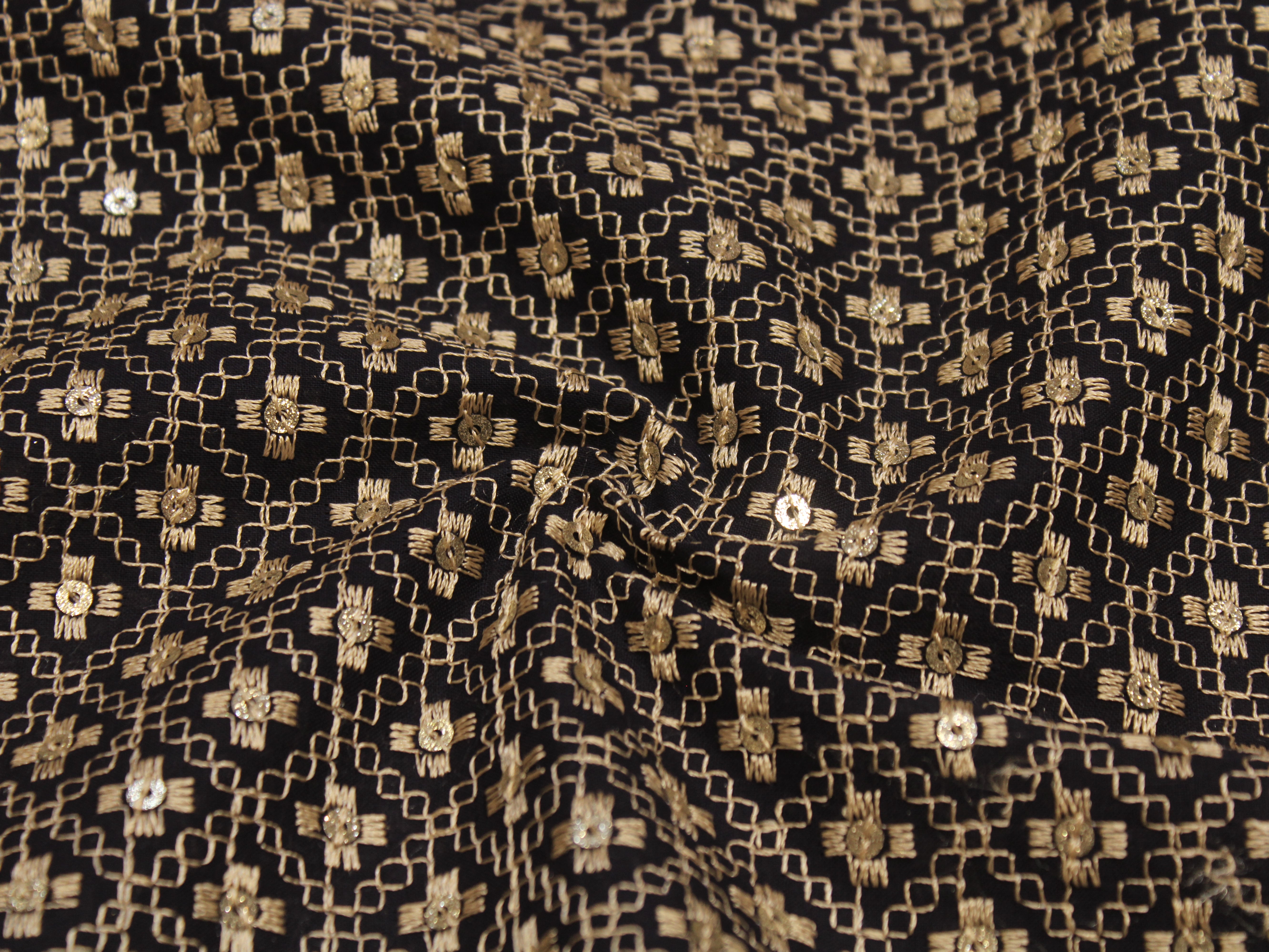 Pure Cotton Embroidery Fabric — Blue | Gold Zari Grid | M'Foks