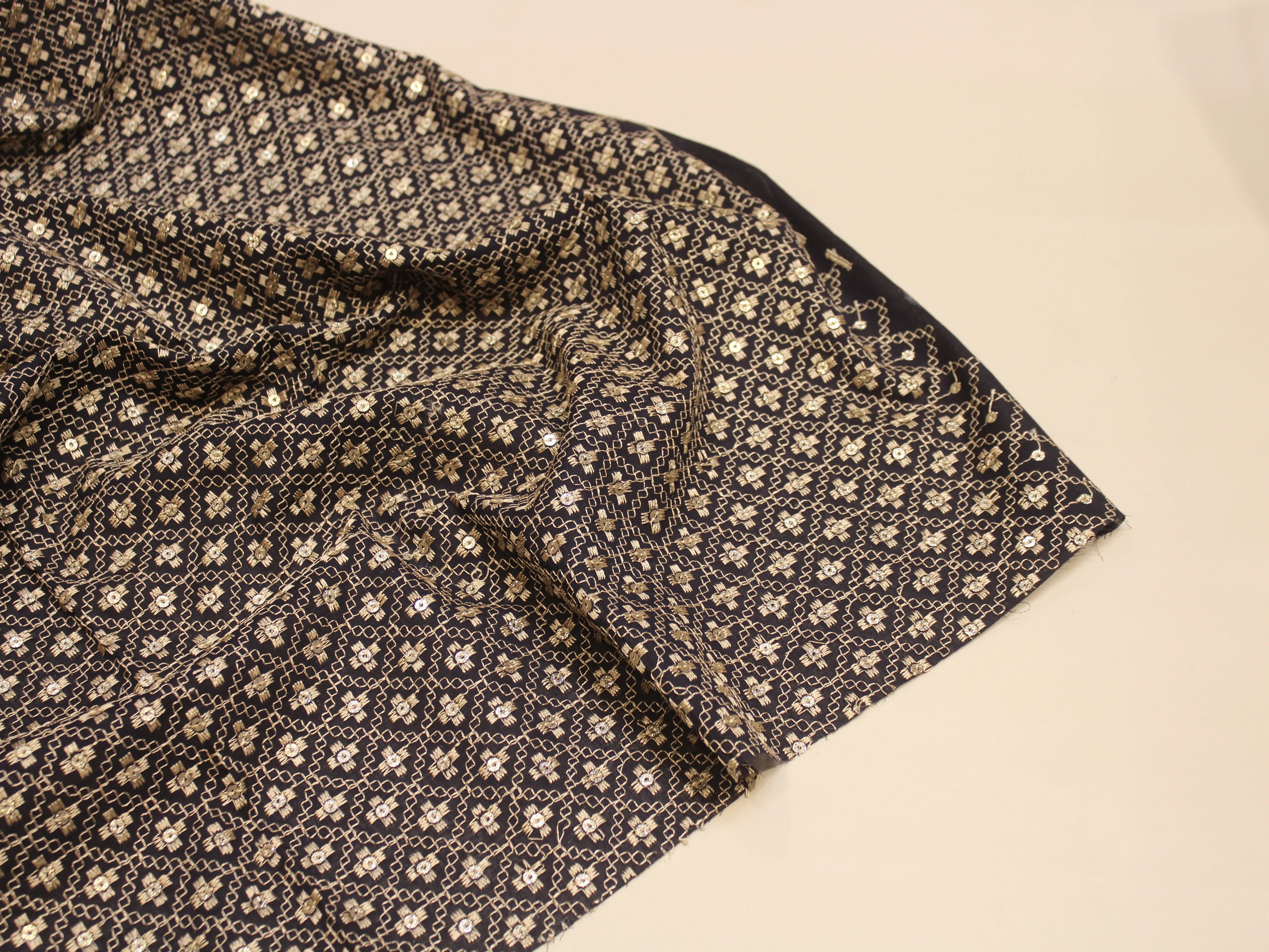 Pure Cotton Embroidery Fabric — Blue | Gold Zari Grid | M'Foks