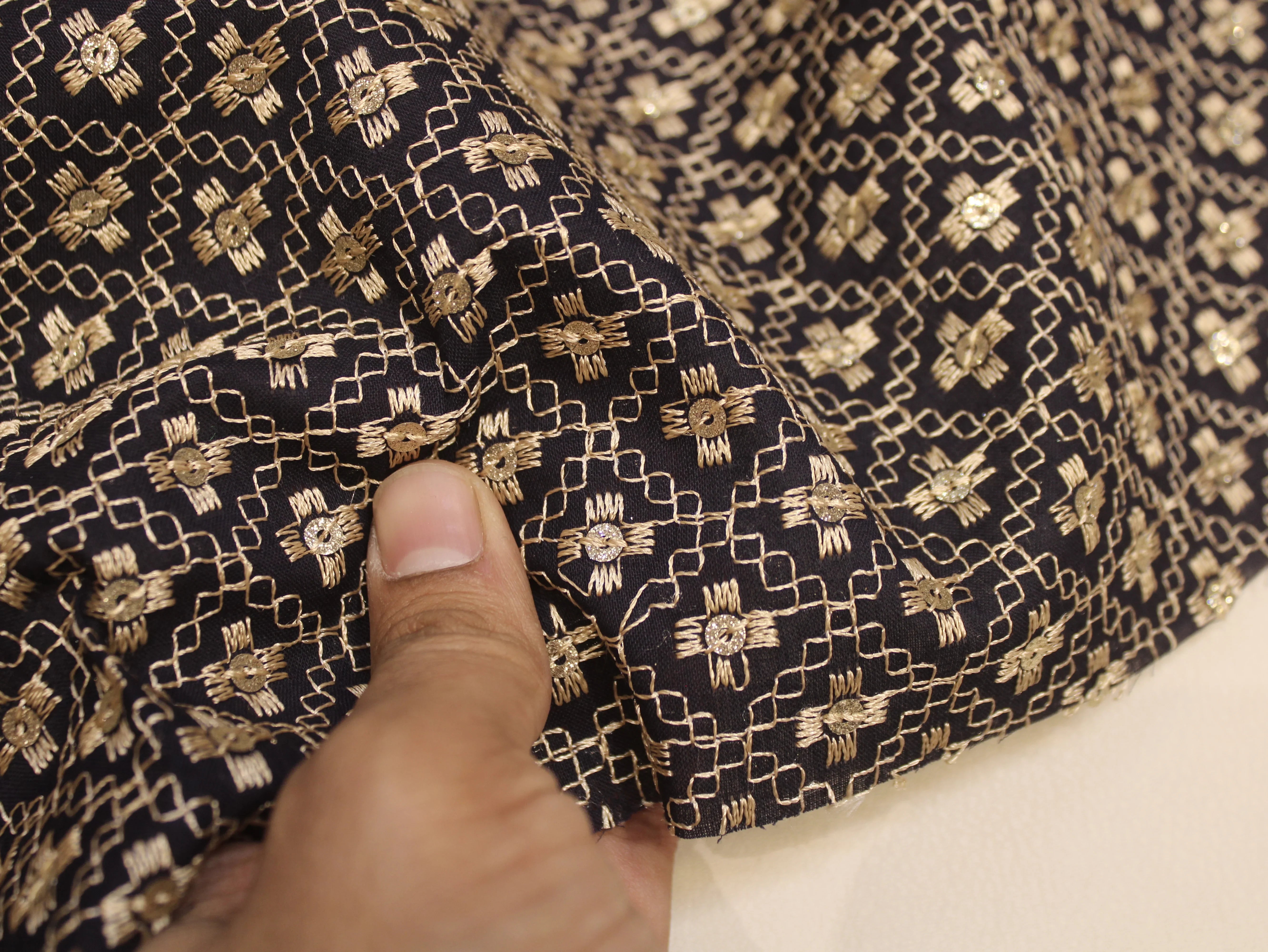 Pure Cotton Embroidery Fabric — Blue | Gold Zari Grid | M'Foks