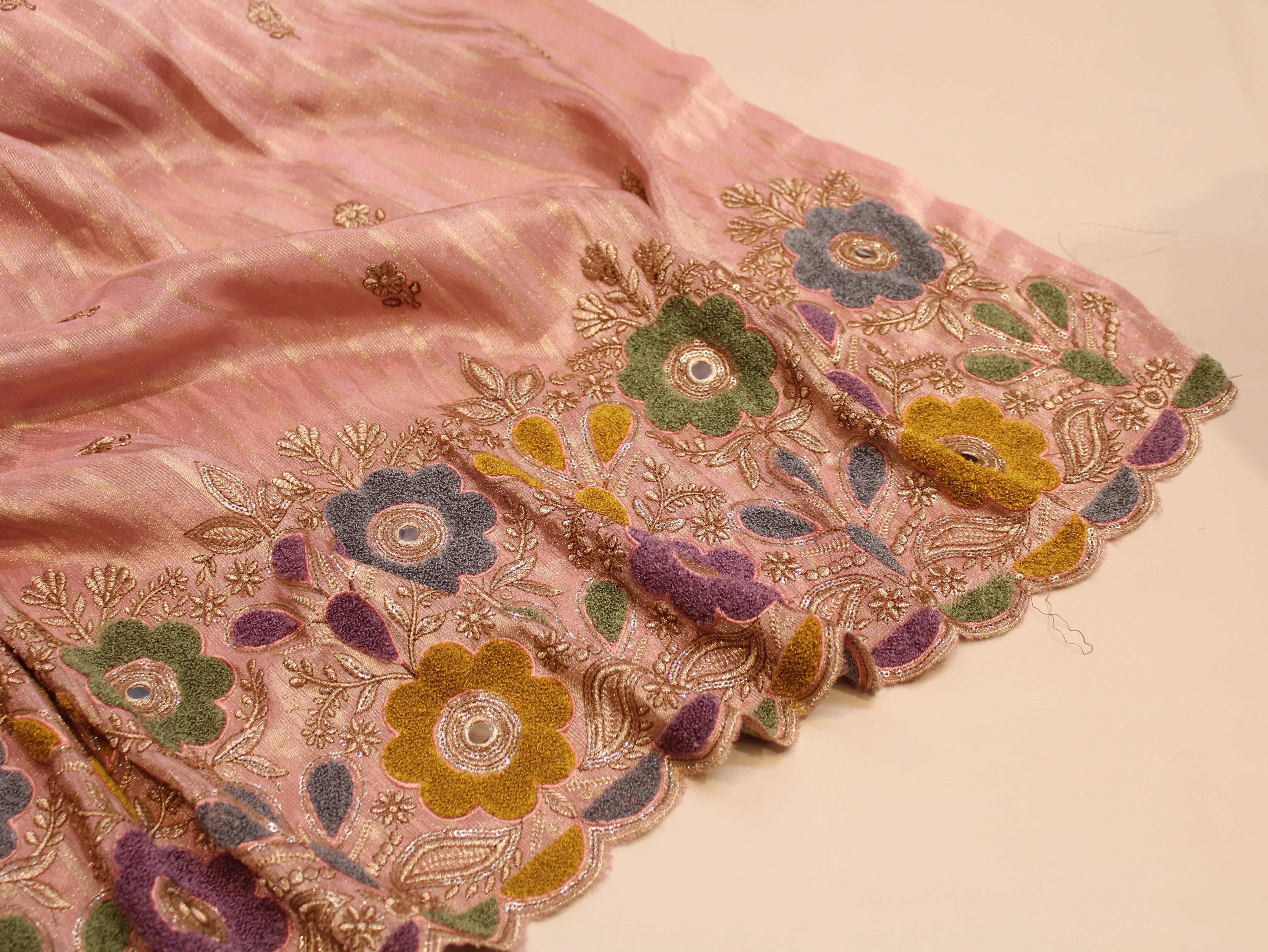 Embossed Velvet Appliqué Panel Fabric — 54 Inch | Gold Zari Jaal | Mirror Work | Scalloped Border