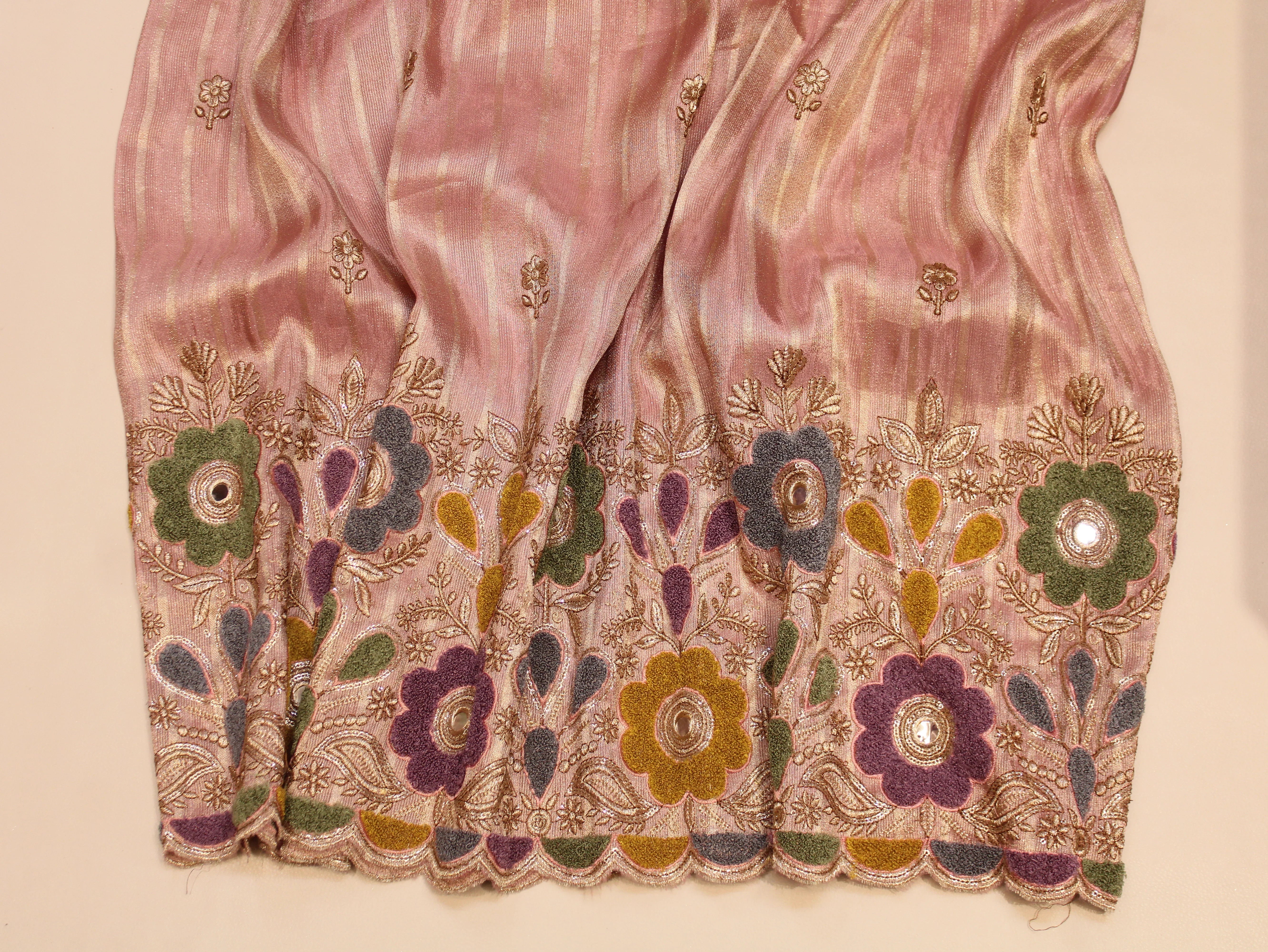 Embossed Velvet Appliqué Panel Fabric — 54 Inch | Gold Zari Jaal | Mirror Work | Scalloped Border