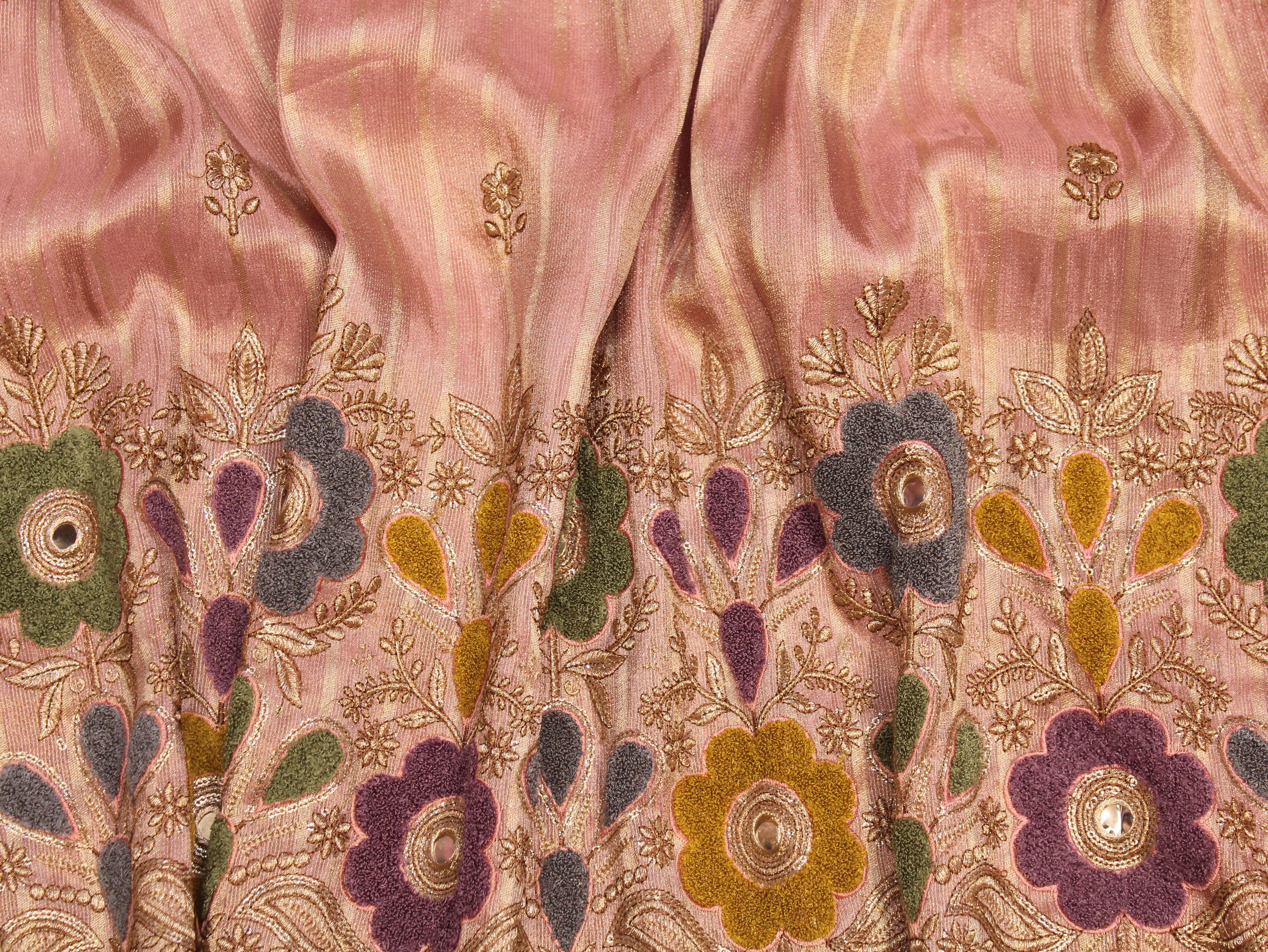 Embossed Velvet Appliqué Panel Fabric — 54 Inch | Gold Zari Jaal | Mirror Work | Scalloped Border
